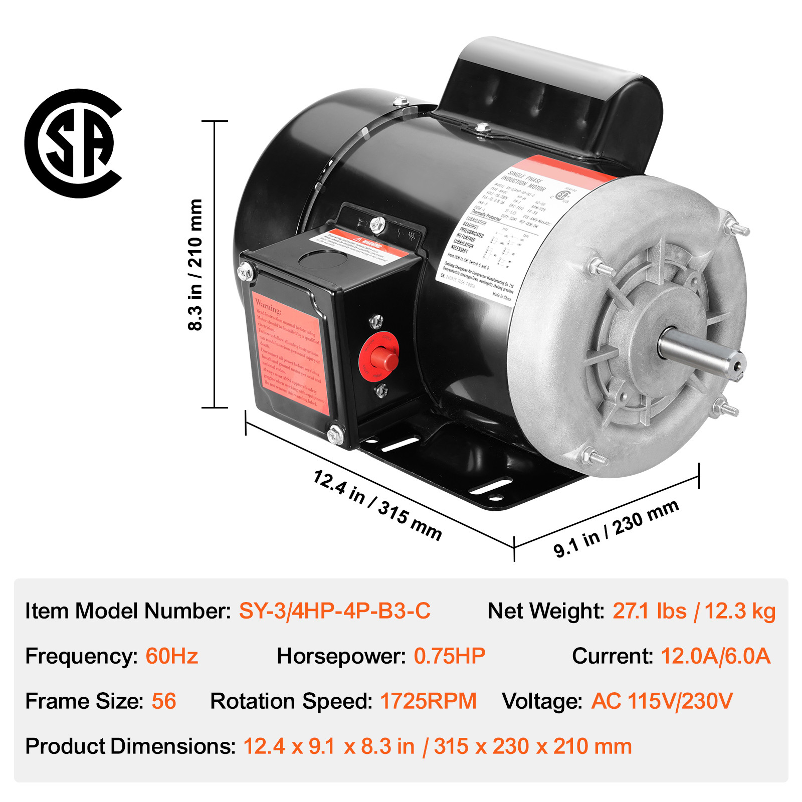VEVOR 3/4 HP Electric Motor 1725RPM AC115/230V 56 Frame 1-Phase 5/8″ Keyed Shaft