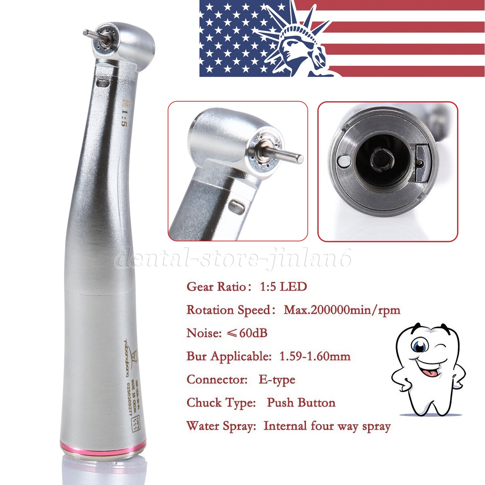 Dental 1:5 Increasing Contra Angle Optic LED Handpiece Fit for Electric Motor sk