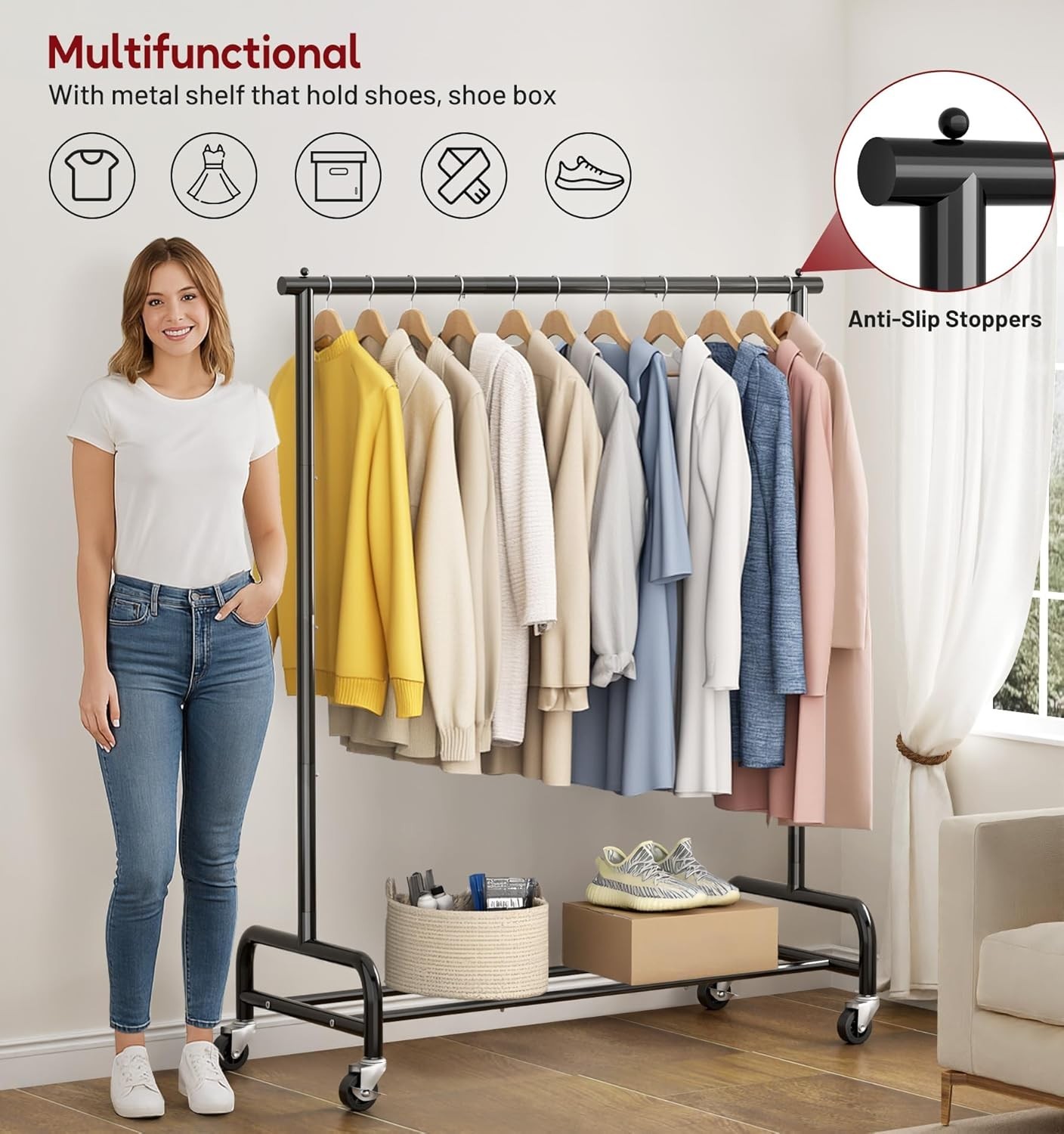 Heavy Duty Metal Clothing Rack 43W Rollers for Coats Shirts Dress Storage