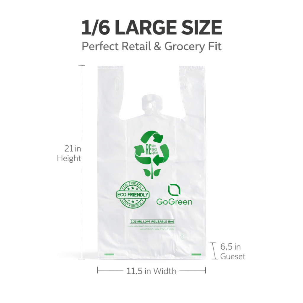 Bags 1/6 Large 21 x 6.5 x 11.5 Clear Reusable Extra Heavy Plastic T-Shirt Bag