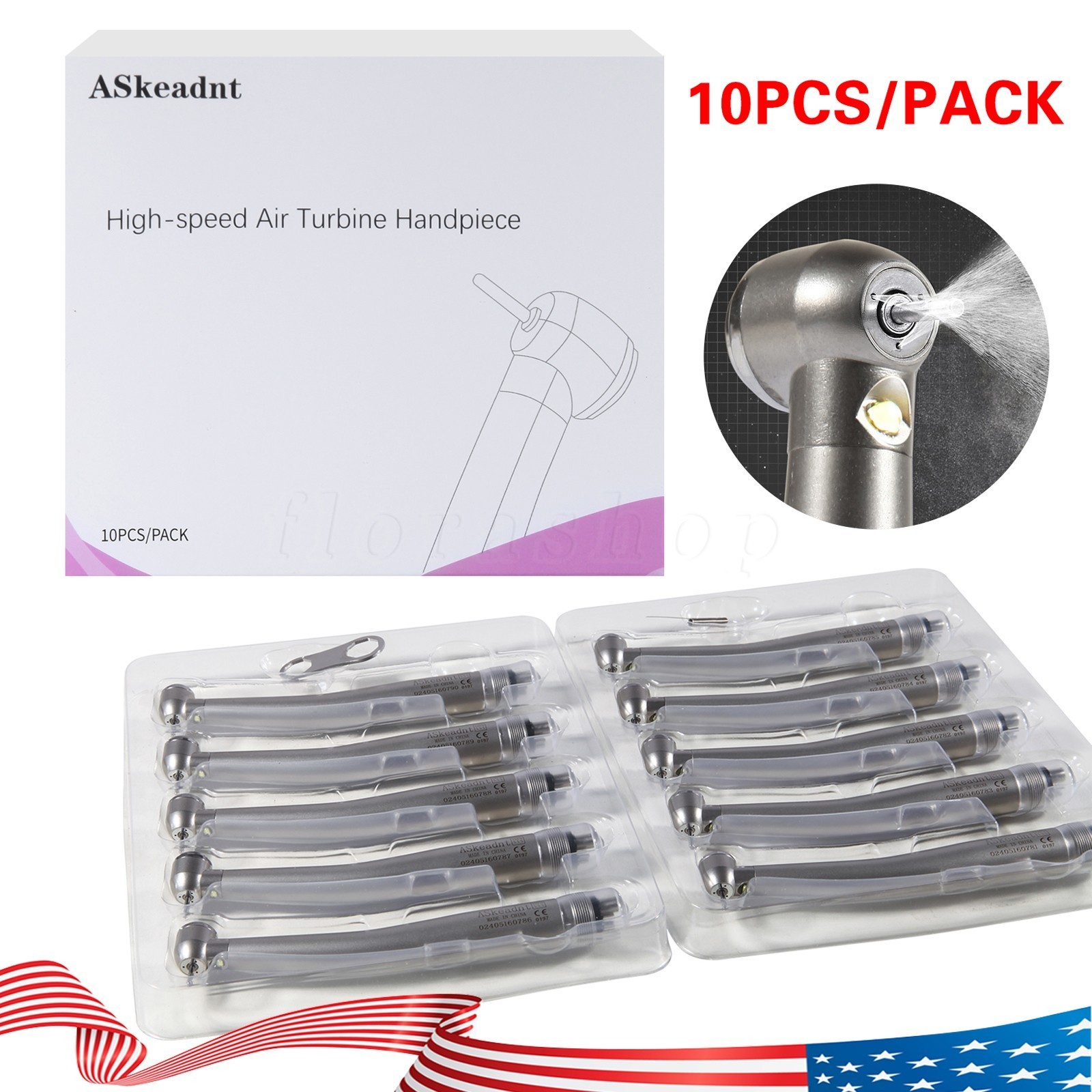 10 PCS Dental LED E-Generator Fiber Optic High Speed Handpiece 4 Hole NSK Style