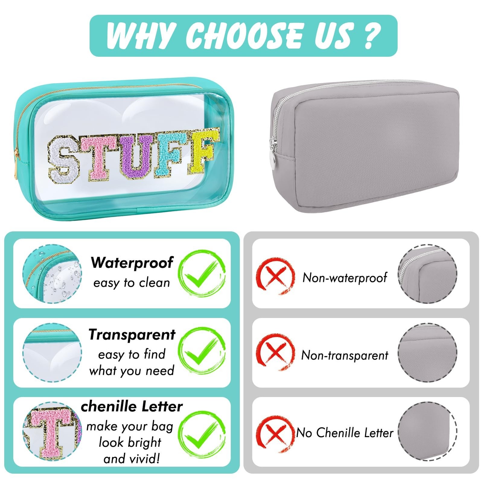 Chenille Letter Clear Makeup Bag Nylon Preppy Patch Stuff Cosmetic Bag with Z…