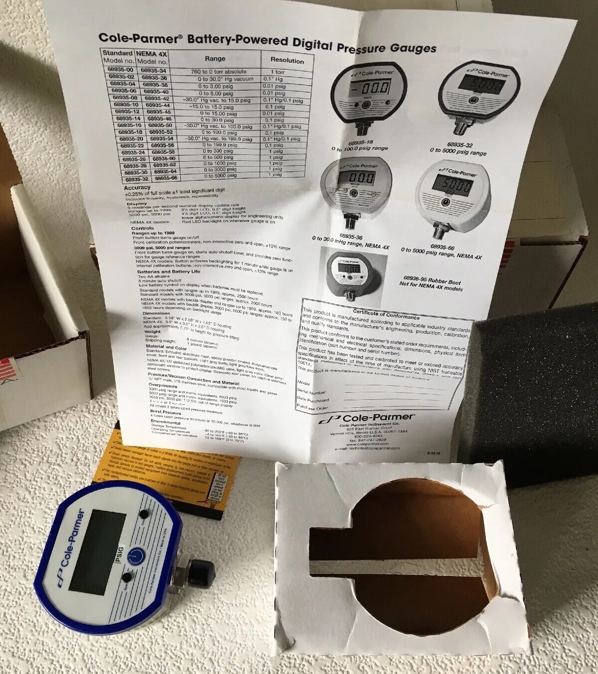 Cole Parmer 68935-18 Battery-Powered Digital Gauge 0-100.0 PSIG 1/2” MADE IN USA