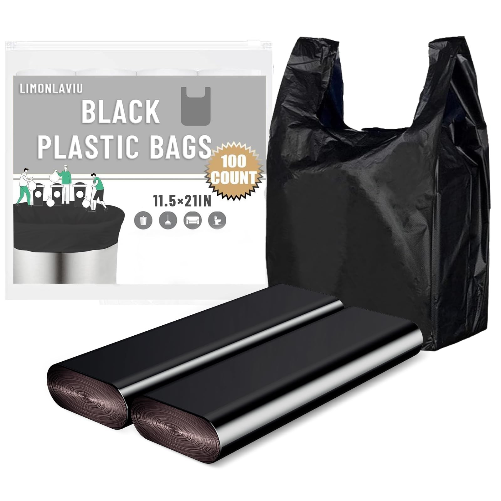 Black Plastic Grocery Bags, 100 Pack, 11.5’x 6.5″ x 21′, 22 Pound Capacity, H…