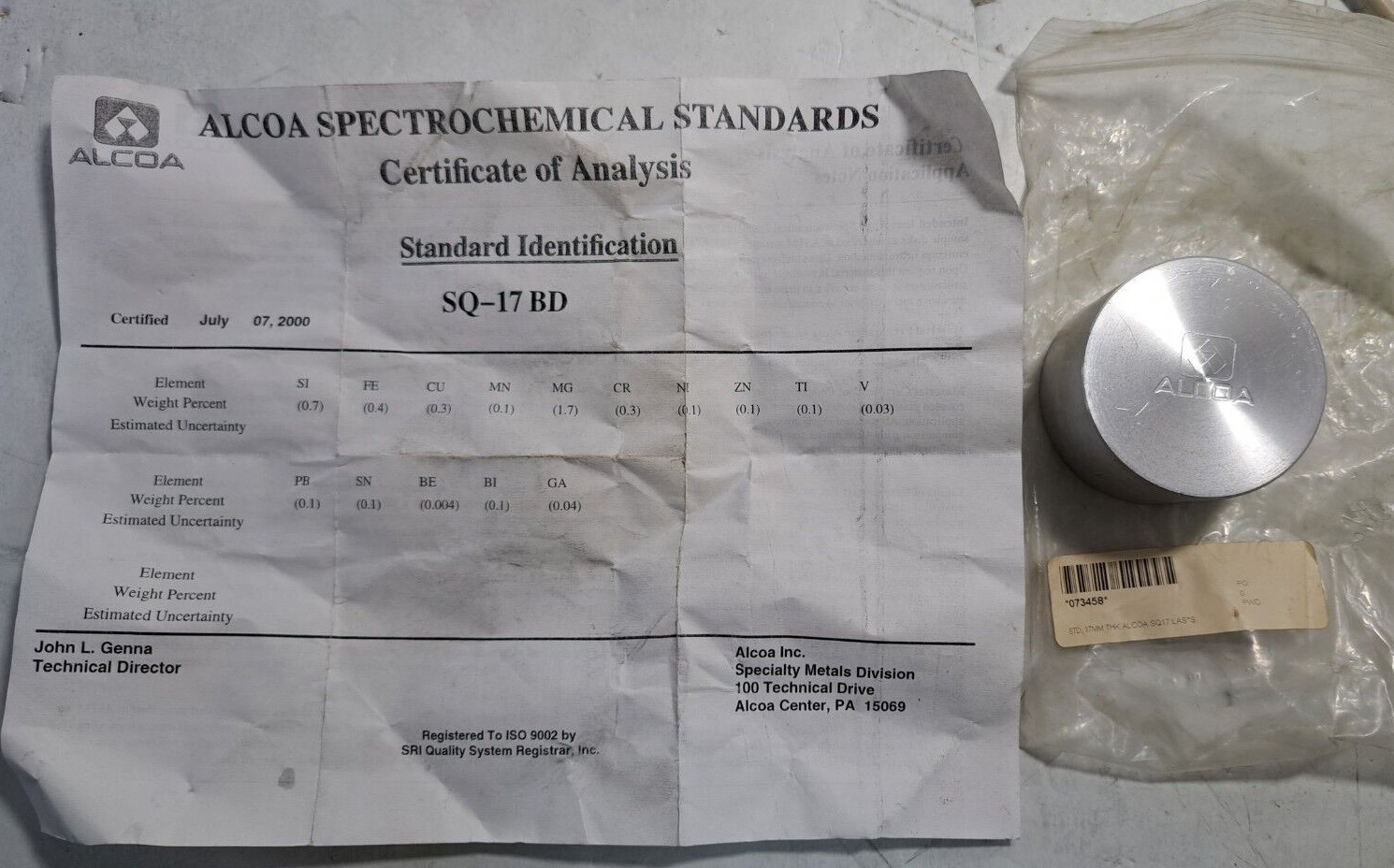 Alcoa Spectrochemical Standard Ref. Material SQ-17 BD w/ C of A , Thermo 073458