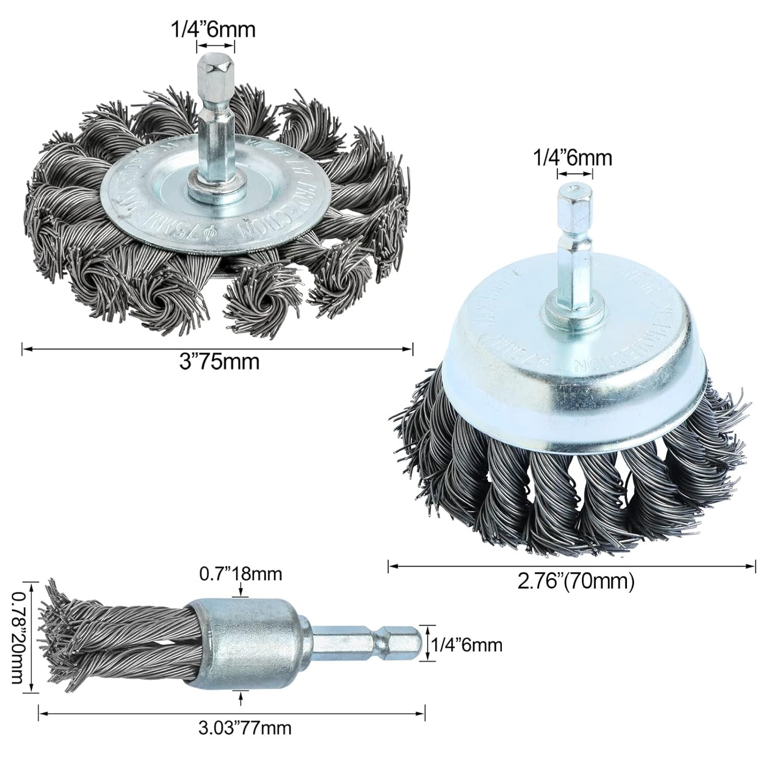 3PCS 3 Inch Knotted Wire Wheel Cup Brush and Twist End Brush Set,1/4″ Shank for