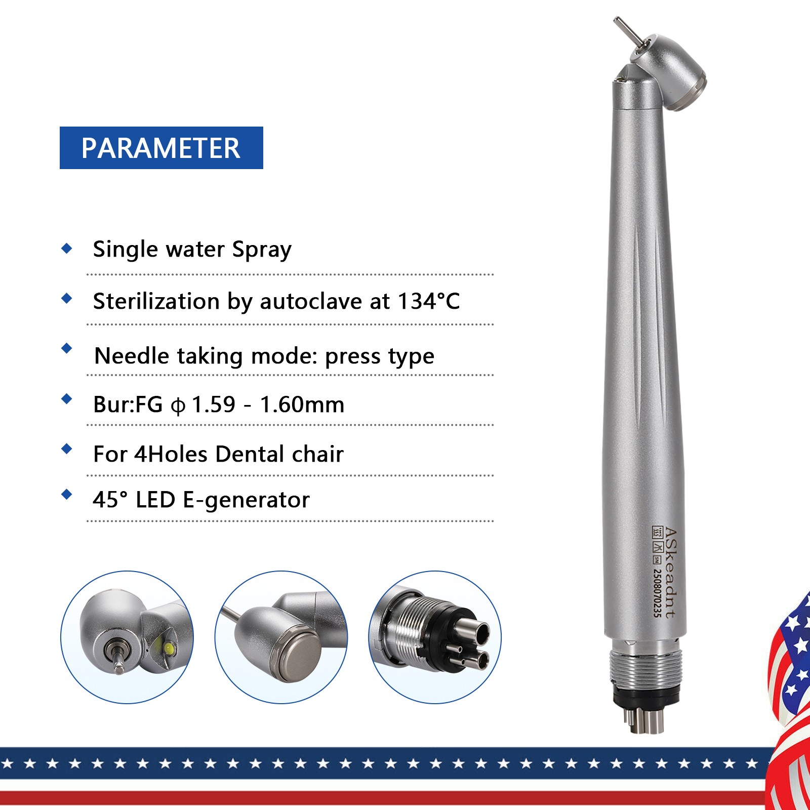 Dental 45 Degree 45° Angle LED E-generator High Speed Handpiece 4 holes ASkeadnt