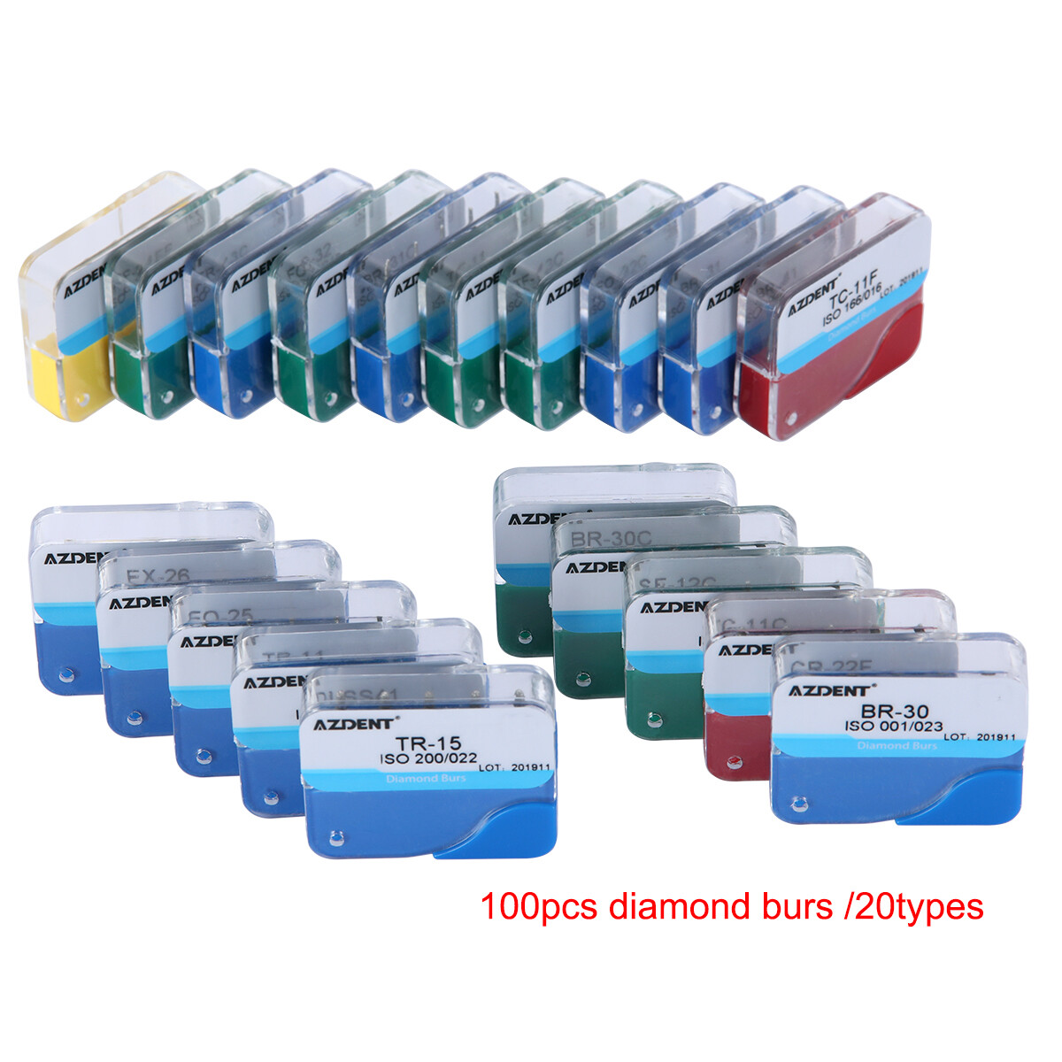 100piezas 20tipos Fresas de diamante medianas dentales FG 1.6 mm Bur BR/TR/TF/EX