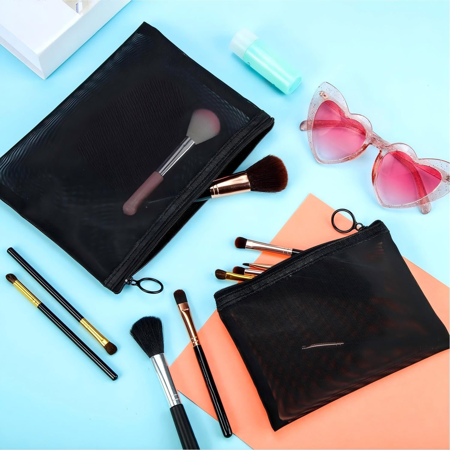 6 Pieces Mesh Makeup Bags Mesh Cosmetic Bag Portable Travel Organizing Zipper Po