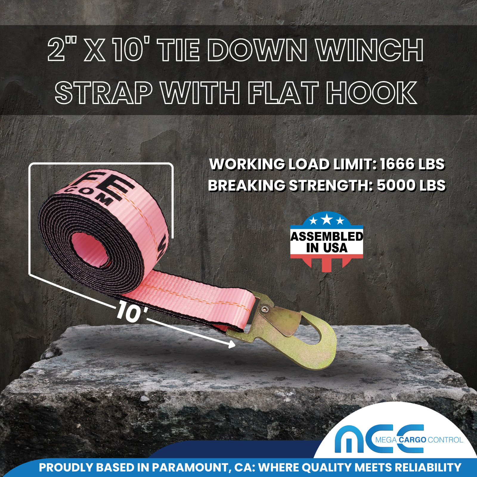 USA 2″ x 10′ Wheel Lift Rollback Strap w/ Flat Snap Hook for Tow Truck Dolly