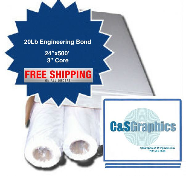 2 ROLLS 24″ x 500′ 20lb Bond Paper Wide Format Engineering Copier 3″ core