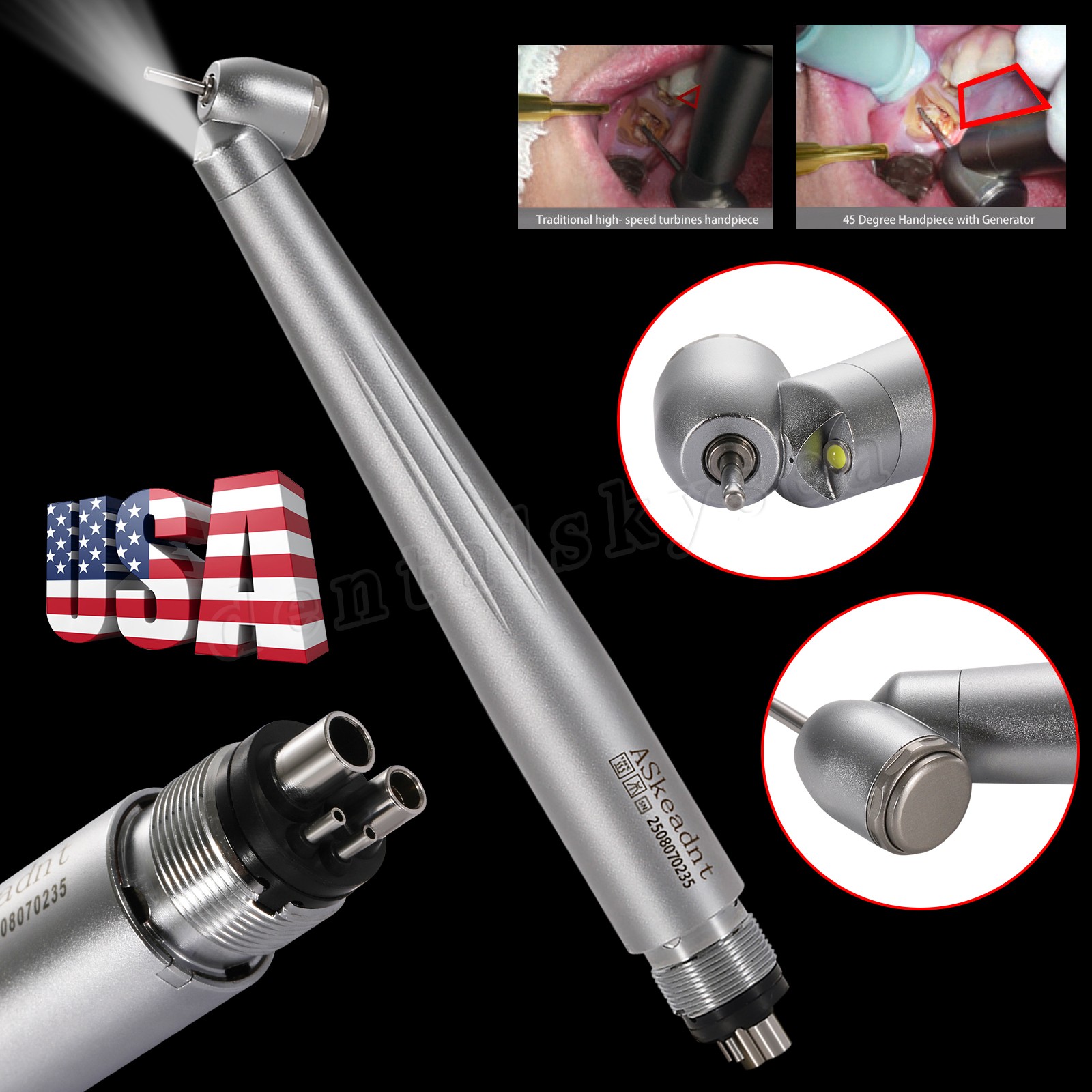 Dental Surgical Handpiece 45° Angle LED Self Power Rear Exhaust 4Hole M4