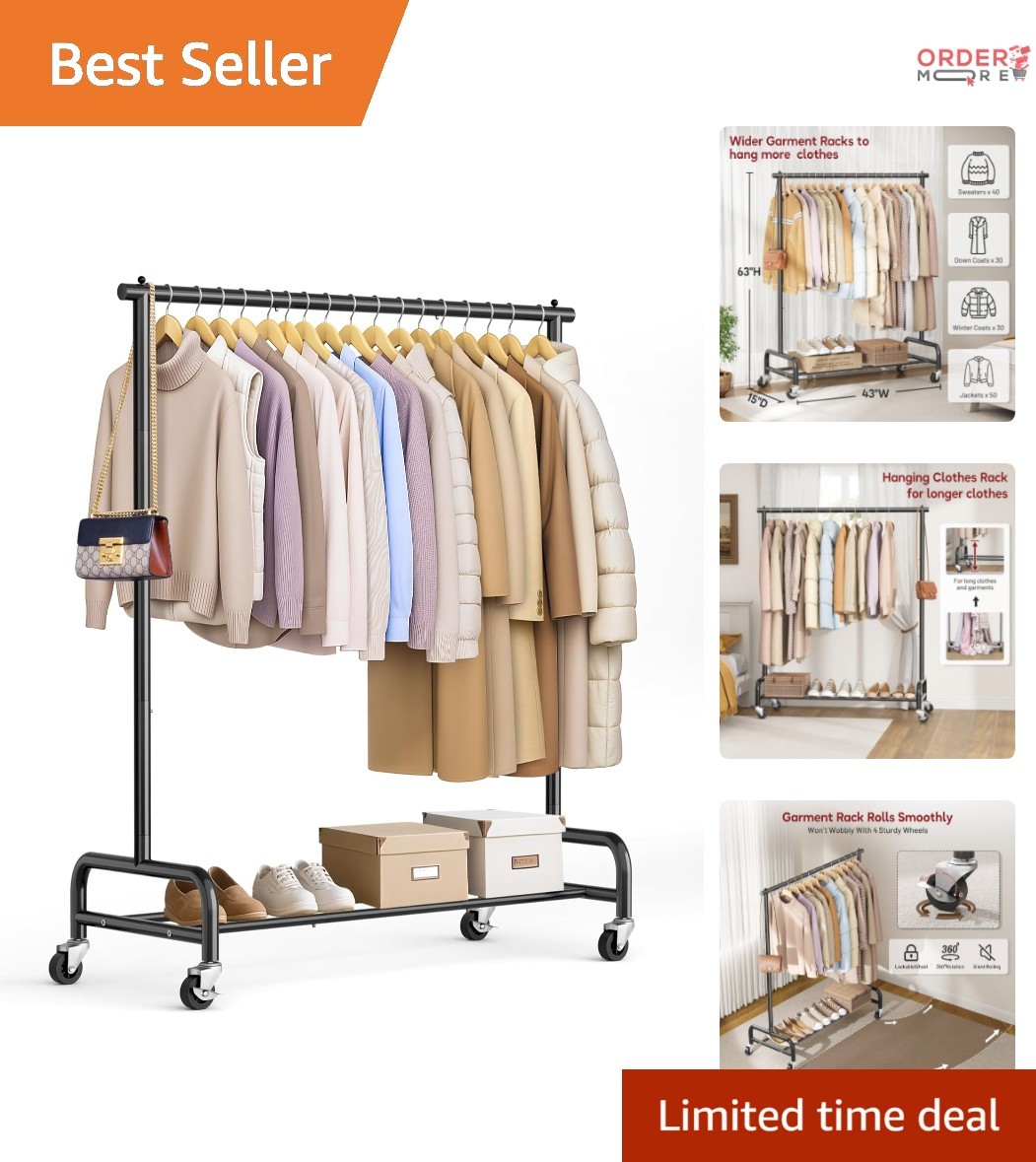 Heavy Duty Metal Clothing Rack 43W Rollers for Coats Shirts Dress Storage