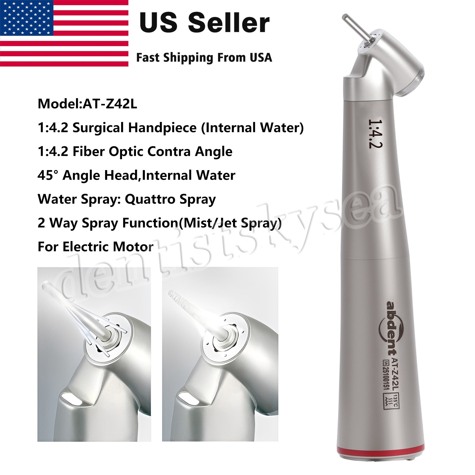 abdent 45° Angle Head Contra Angle LED Optic 1:4.2 Handpiece Inner Water Spray