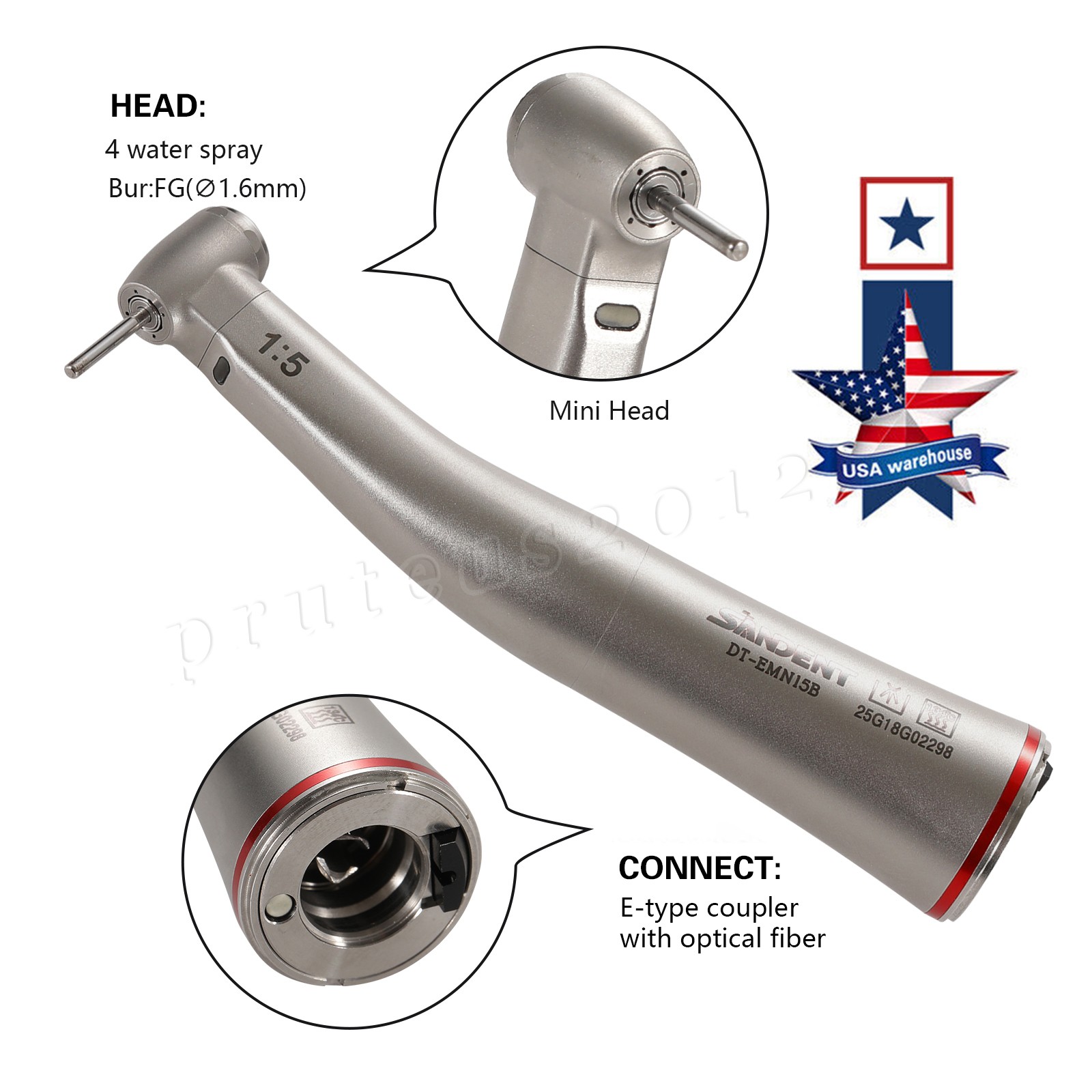 SANDENT 1:5 Contra Angle Electric Dental Handpiece Fiber Optic Mini Head DT-EM