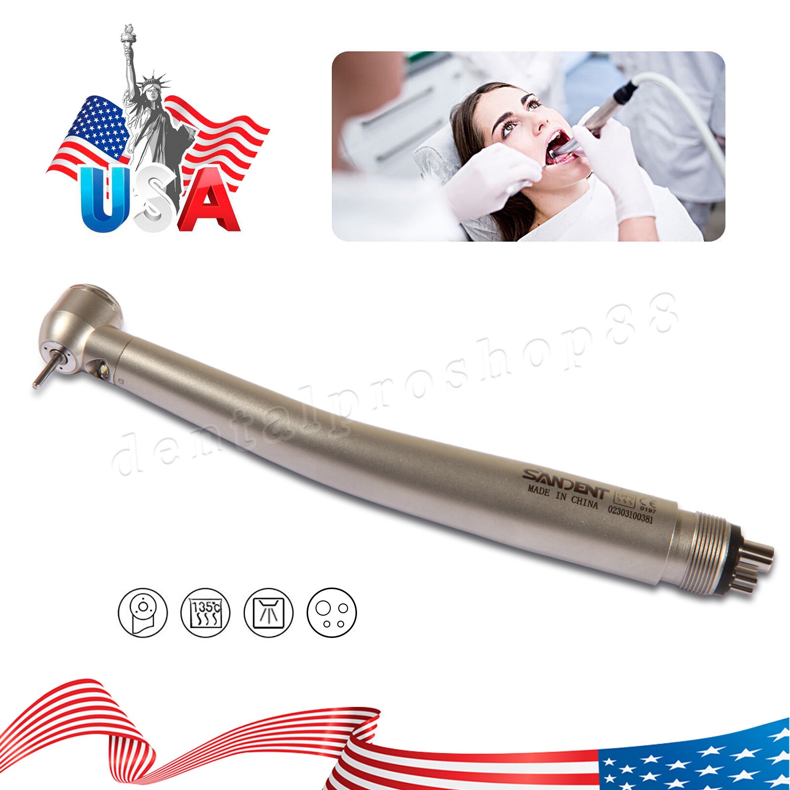 Dental Fiber Optic LED High Speed Handpiece 4Holes Internal triple spray fit Kav