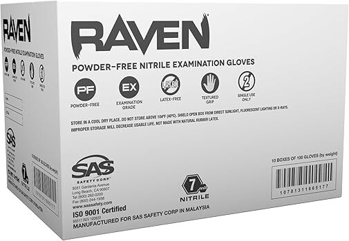 SAS Raven Black Nitrile Gloves Powder Free 7mil Version S-2XL (10/Boxes of 100)