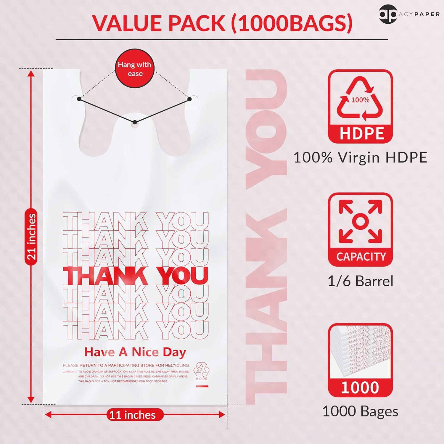 1000 Count 11″ x 6″ x 21″ Thank You T Shirt Plastic Bags 1/6 Barrel