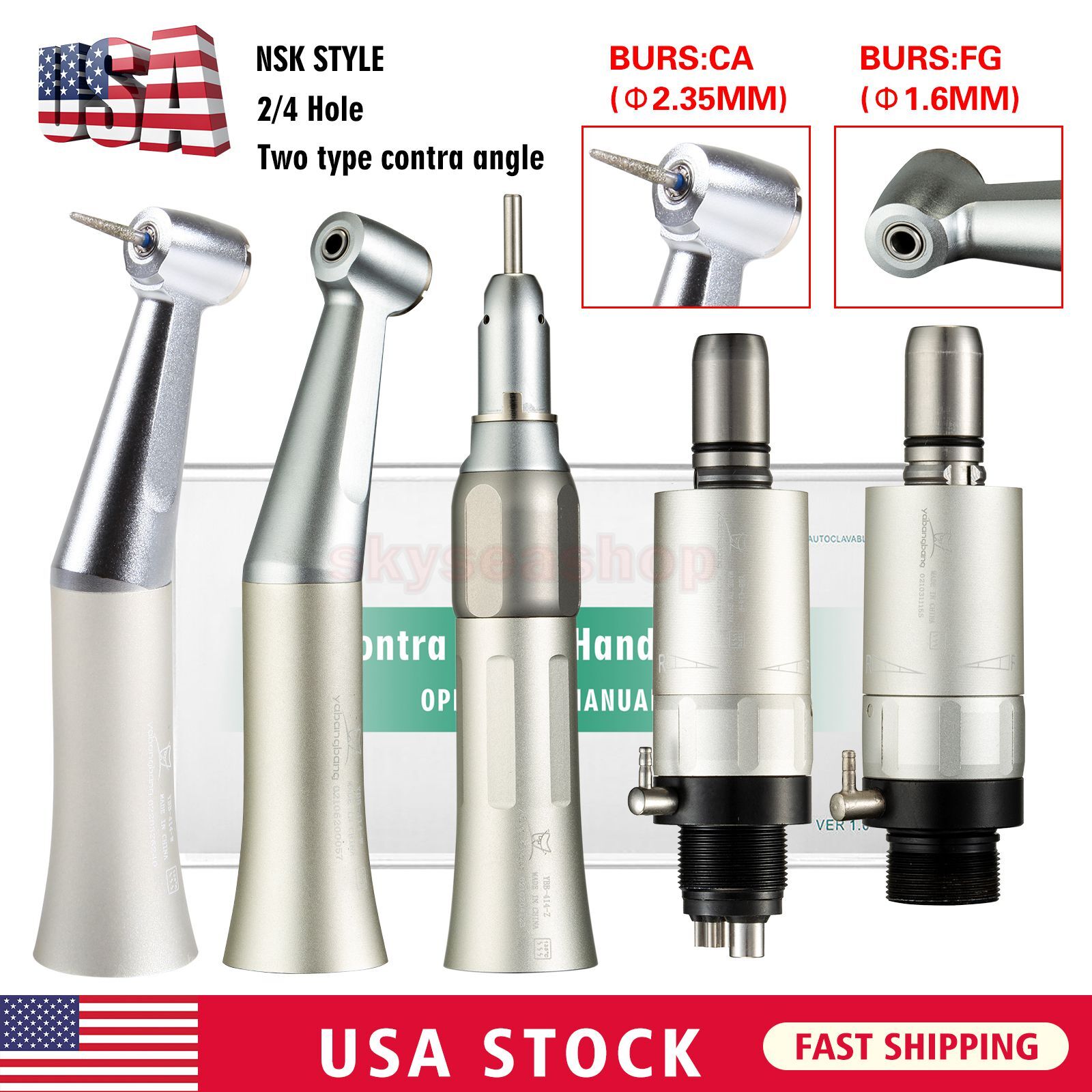 FG1.60/CA2.35mm Dental Slow Speed Contra Angle Handpiece Straight 2/4H Motor Qa