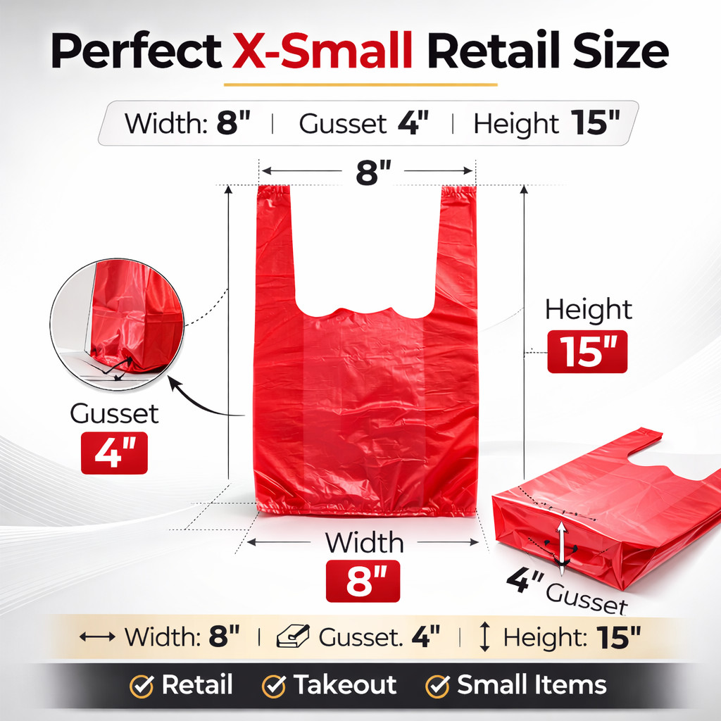 Bags 1/10 Small Red Unprinted 8 x 4 x 15 T-Shirt Plastic Grocery Shopping Bags