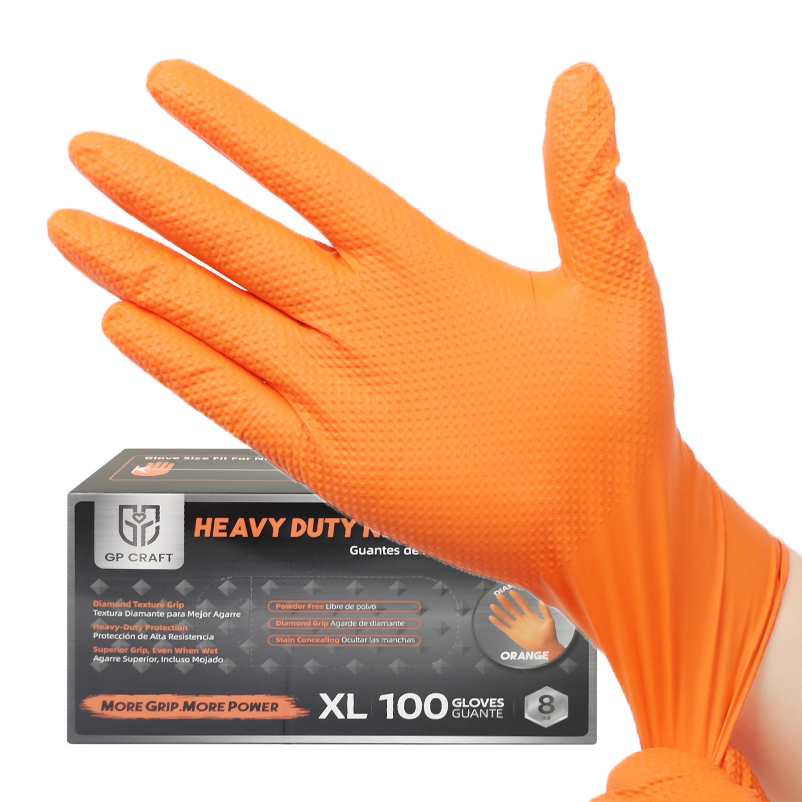 100Pcs 8Mil Heavy Duty Nitrile Gloves, Diamond Grip, Orange Latex &Powder Free