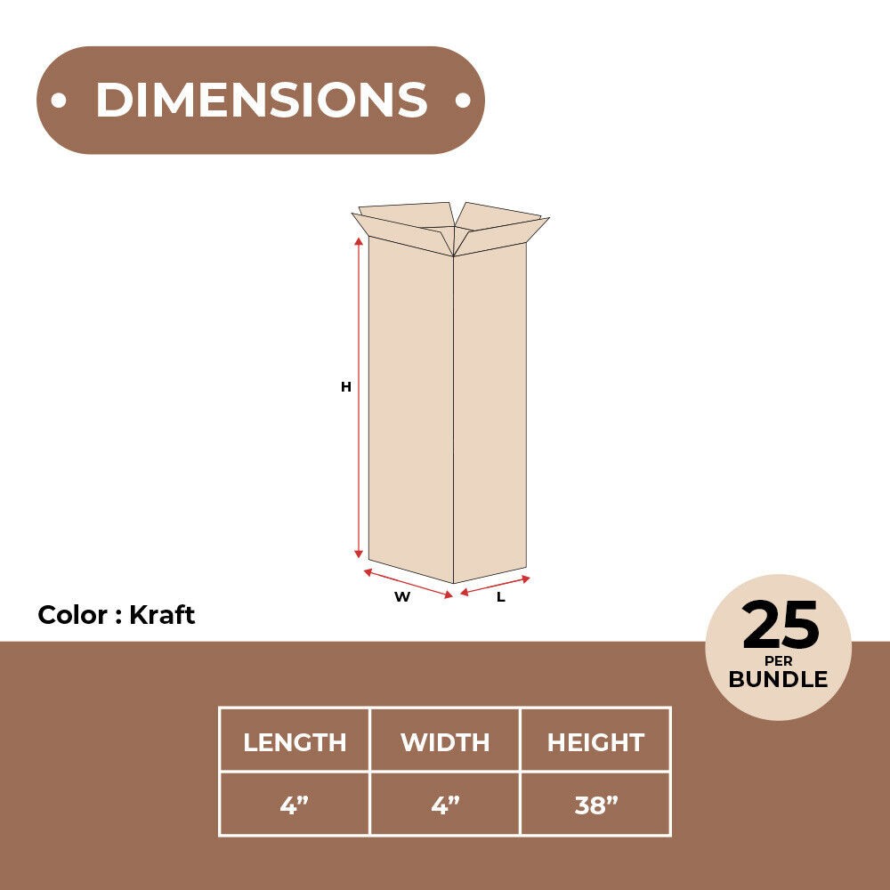 4 x 4 x 38″ Tall Corrugated Boxes ECT-32 Brown Shipping/Moving Boxes 25/Bundle