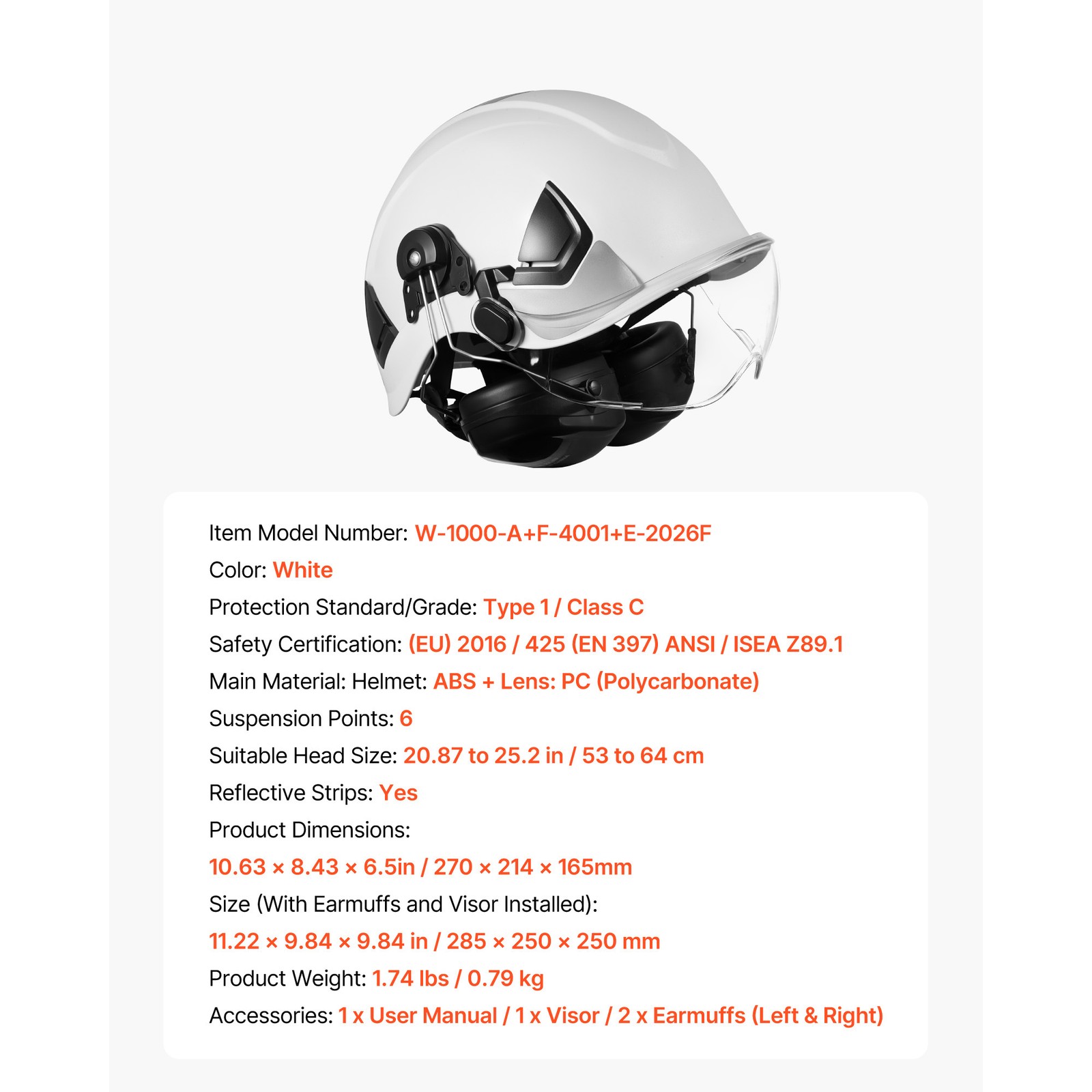 Industrial Safety Helmet with Visor and Earmuffs Adjustable Vented Hardhat