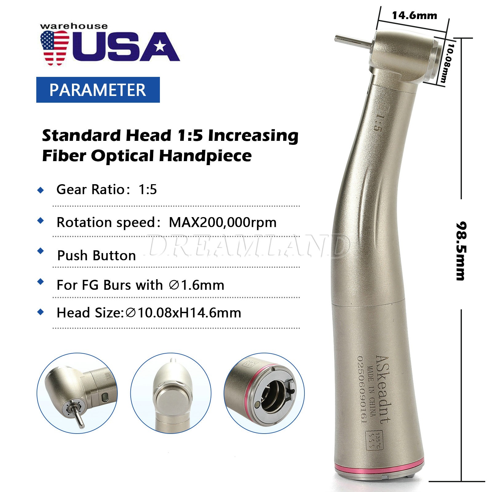 NSK Style LED Dental Electric Handpiece 1:5 Contra Angle Fiber Optic High Speed
