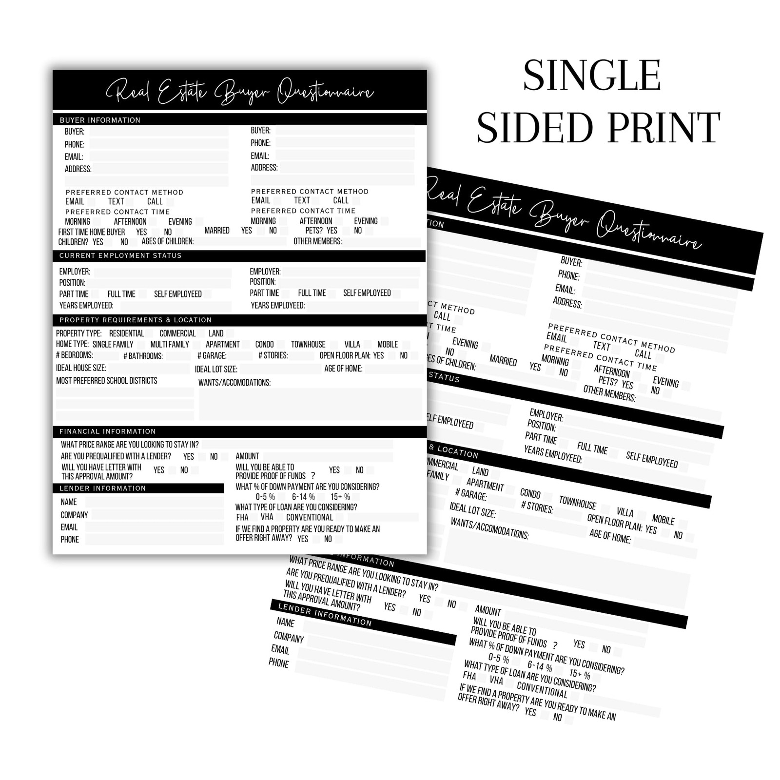 Real Estate Buyer Seller Questionnaire Agent Forms Open House 50 Pack