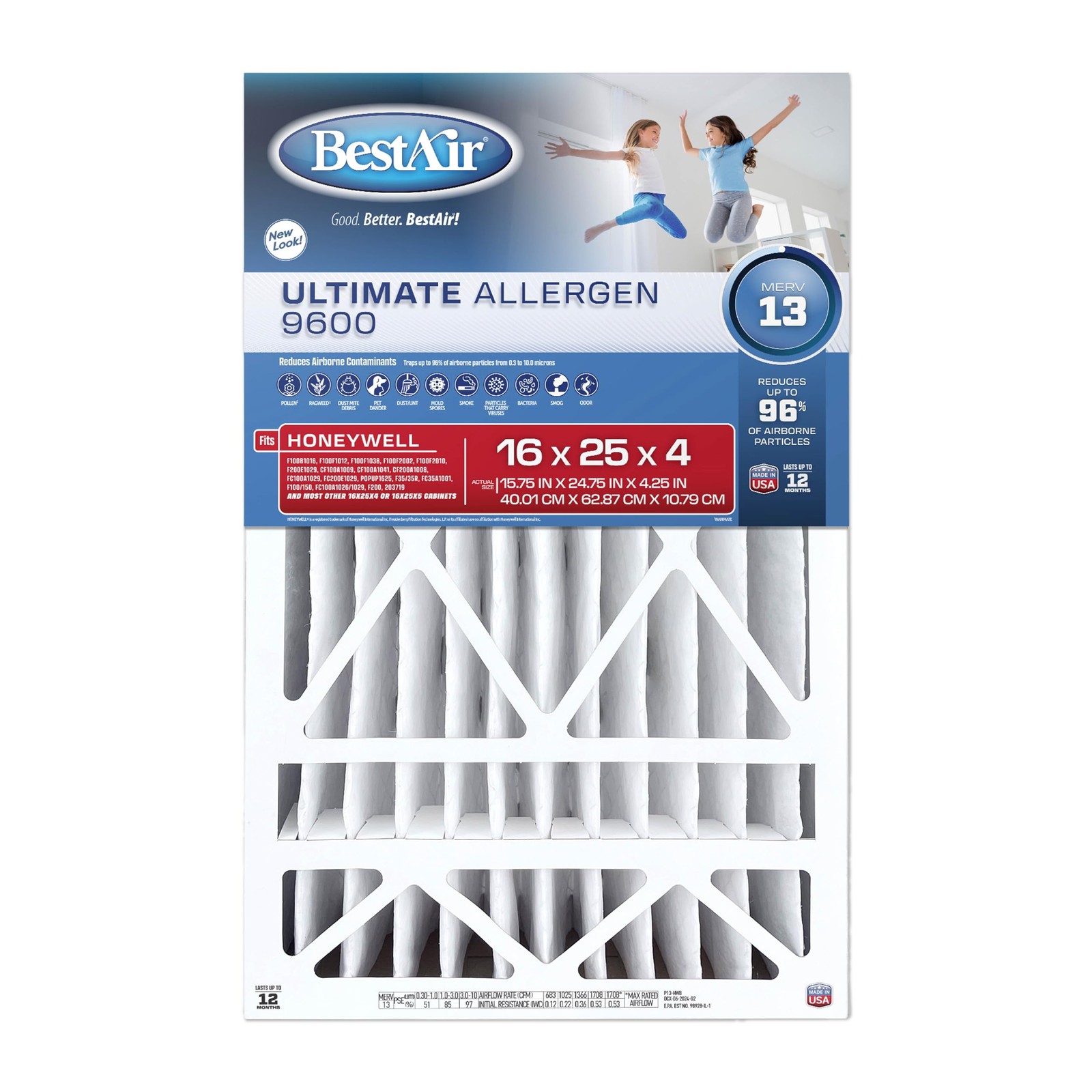 Bestair Hw1625-13R Ac Furnace Air Filter 16 X 25 X 4 Merv 13 Removes Allergens