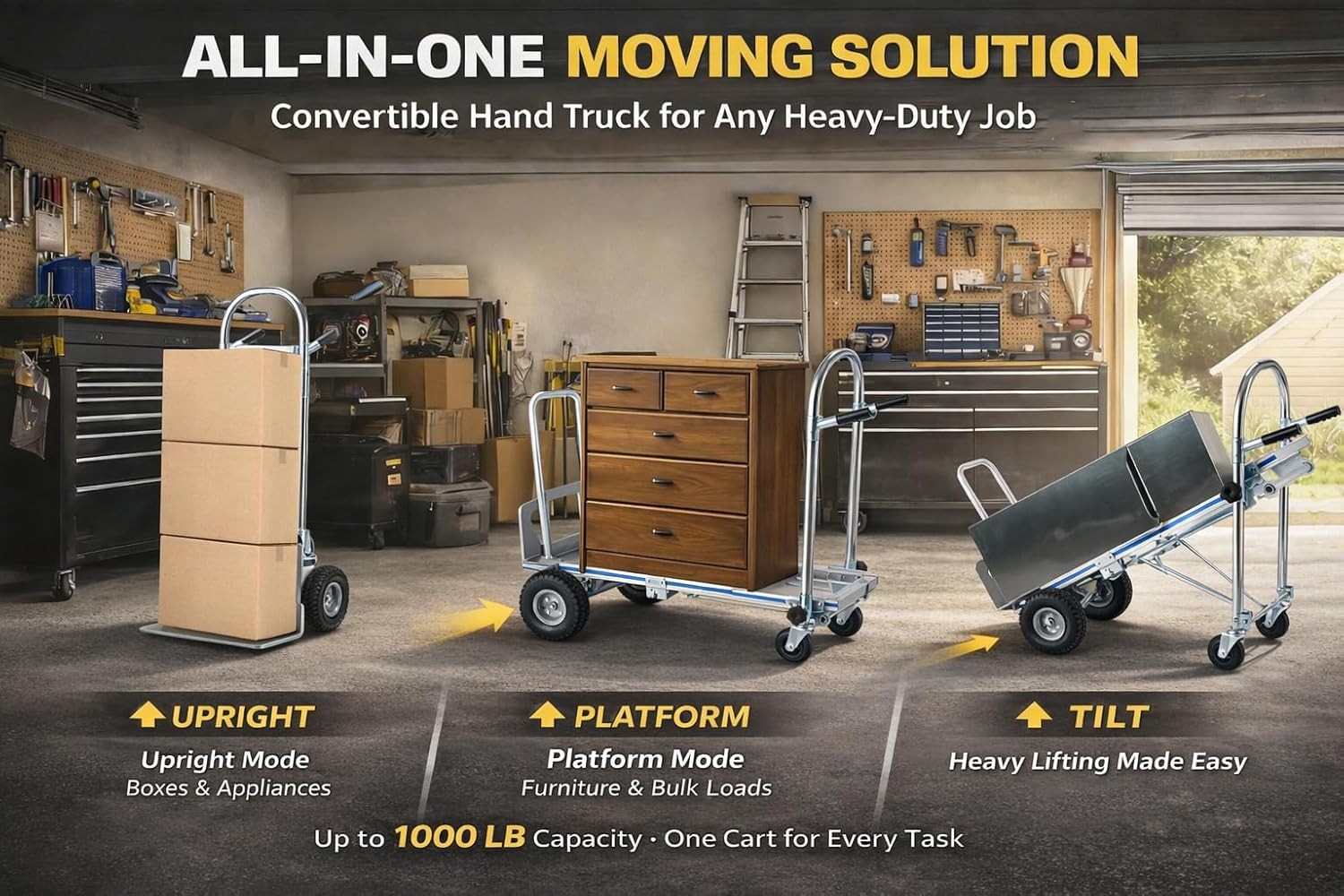 4 in 1 Aluminum Hand Truck Dolly Heavy Duty 1000 LB Convertible Folding Cart