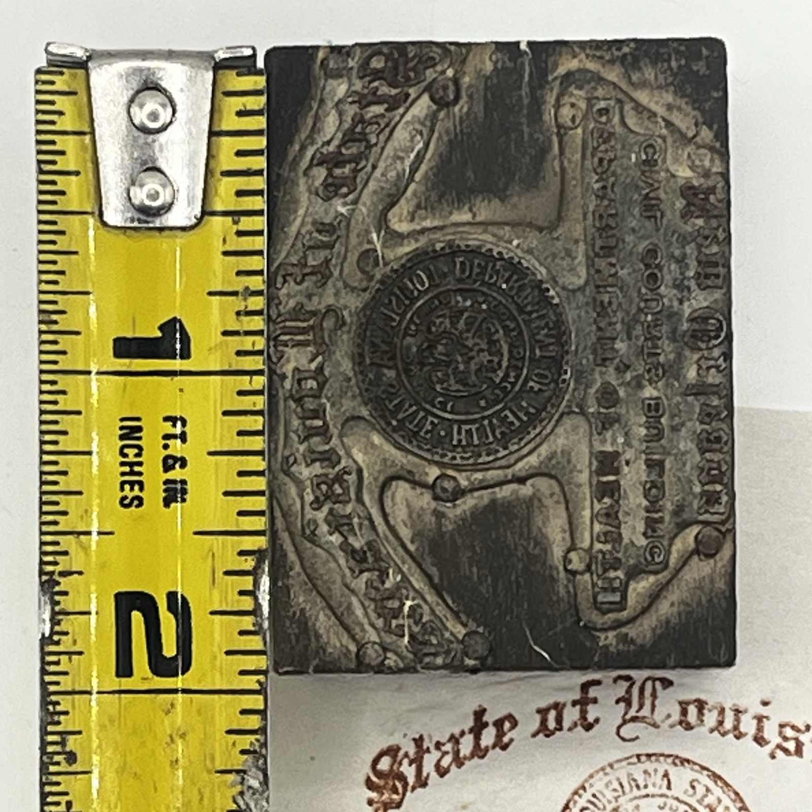 Letter Press print Block Louisiana Health Dep Nola VTG Seal 2 X 1 1/2inch