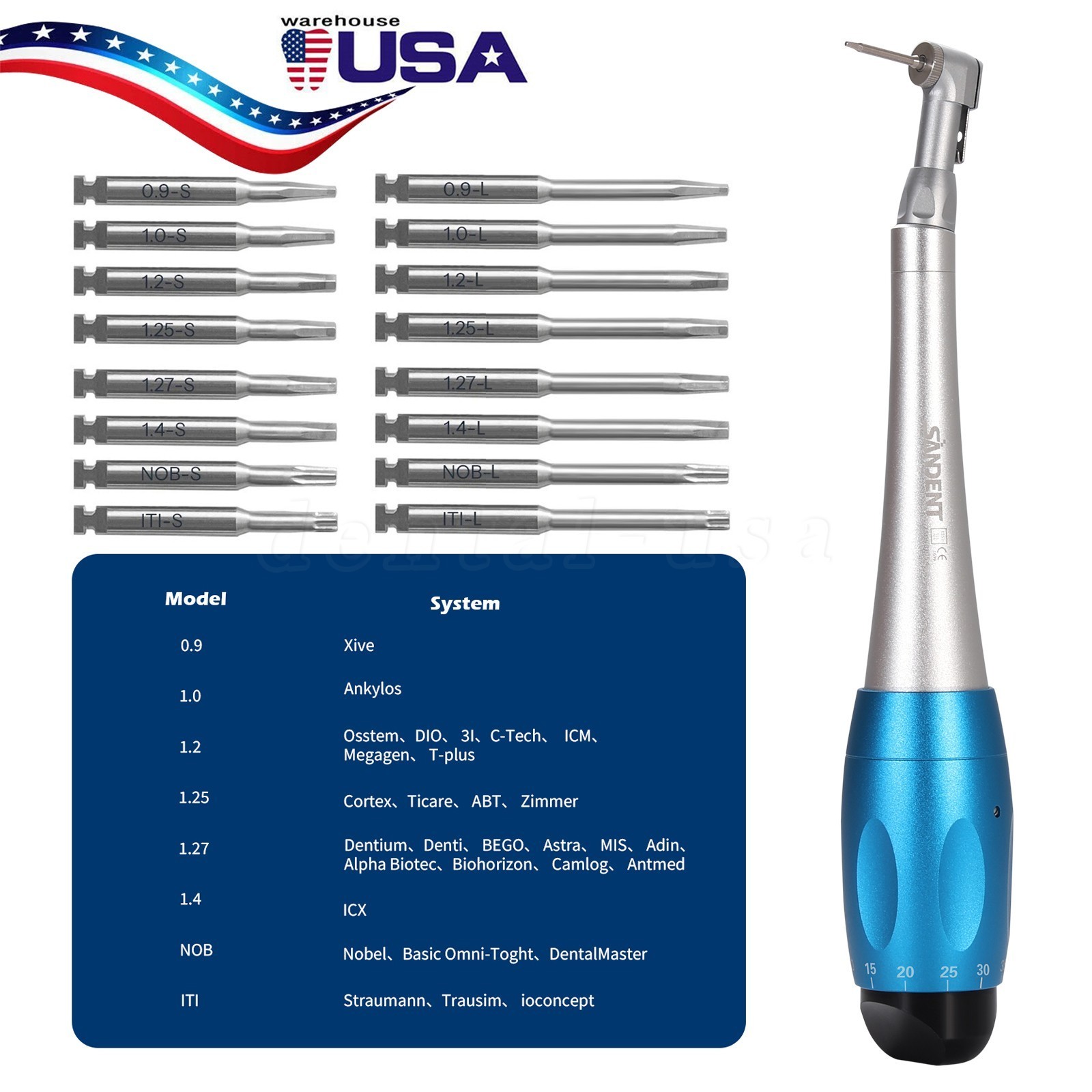 Dental Universal Implant Kit Torque Wrench Contra Angle Handpiece & 16 Drivers