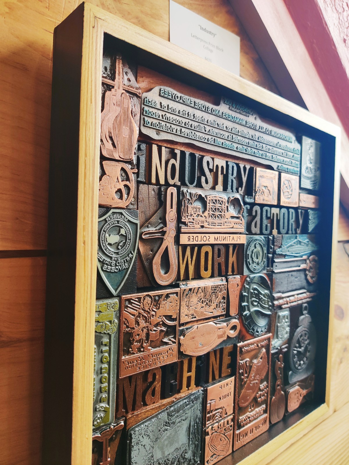 Industry Themed Vintage Letter Press Print Block Collage In Wood Frame