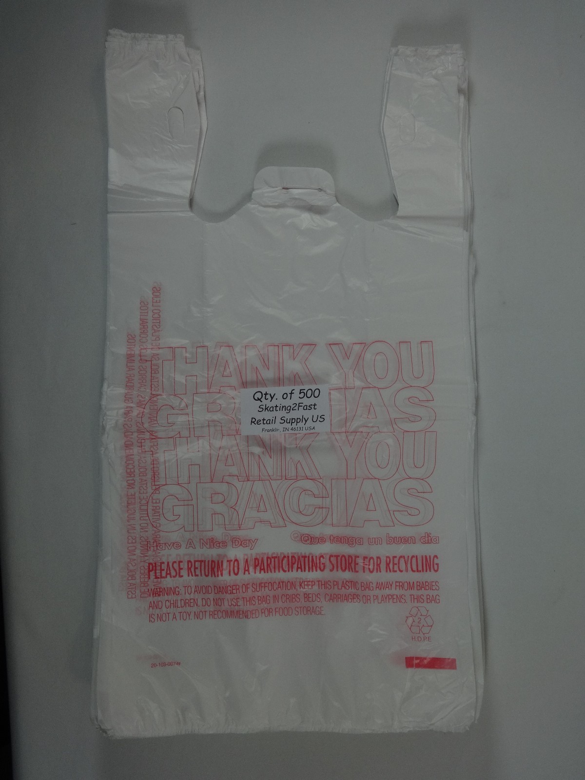 THANK YOU GRACIAS Carry-Out Plastic T-Shirt Bags Carry 11.5″ x 6.5″ x 22″