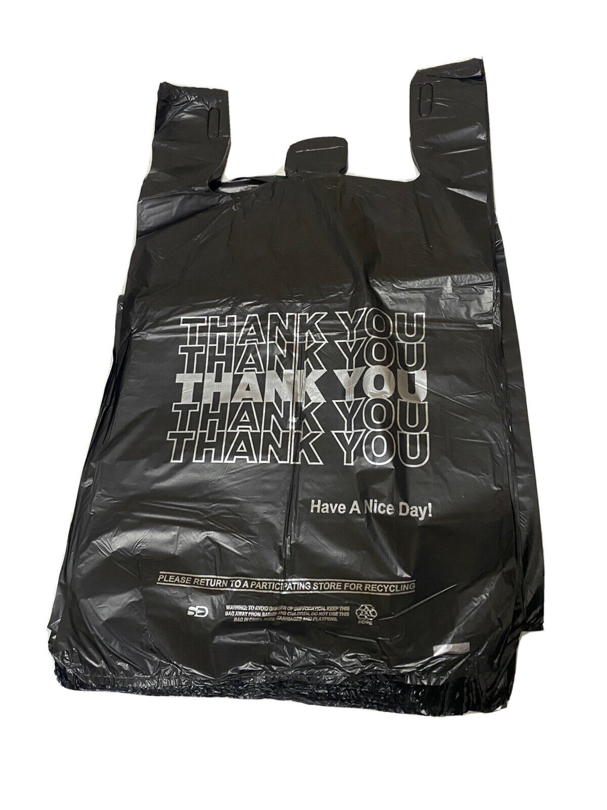 Bags 1/6 Large 21 x 6.5 x 11.5 THANK YOU Black T-Shirt Plastic Shopping Bags