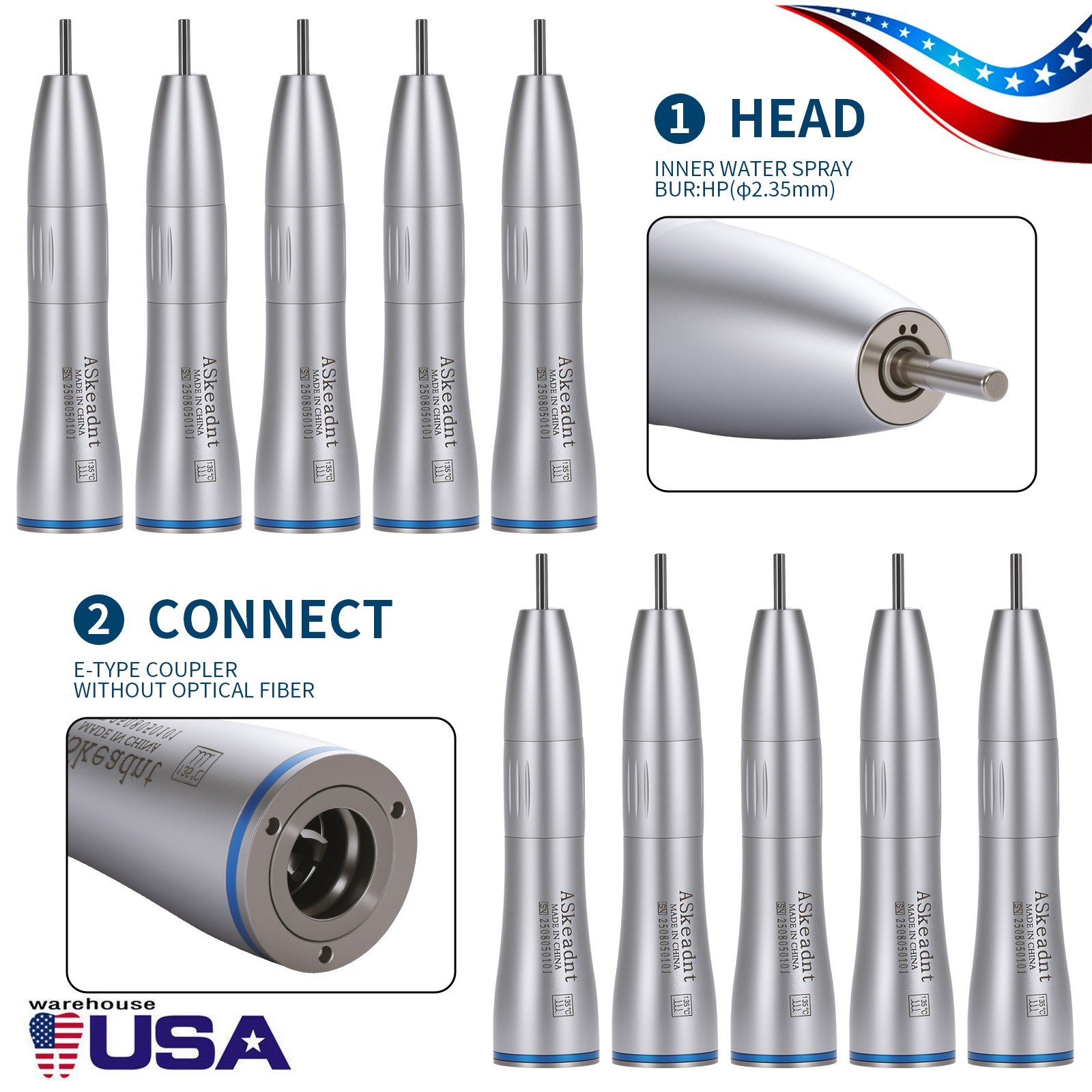 1-10 Dental Internal Water Spray Straight Nosecone Low Speed Handpiece ASkeadnt