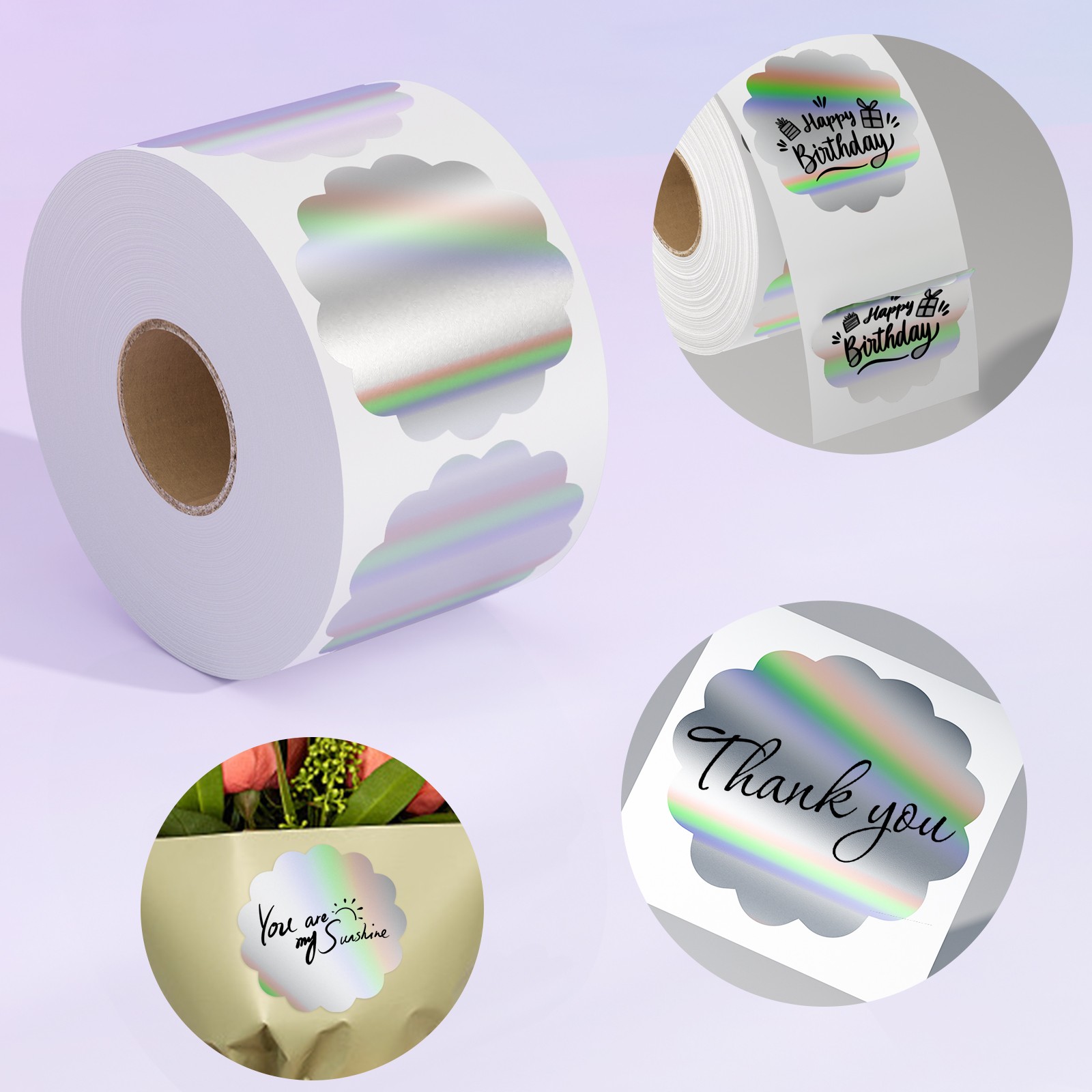 400PCS Holographic Thermal Labels 2″ Flower Thanks Stickers for Logo Design Tag