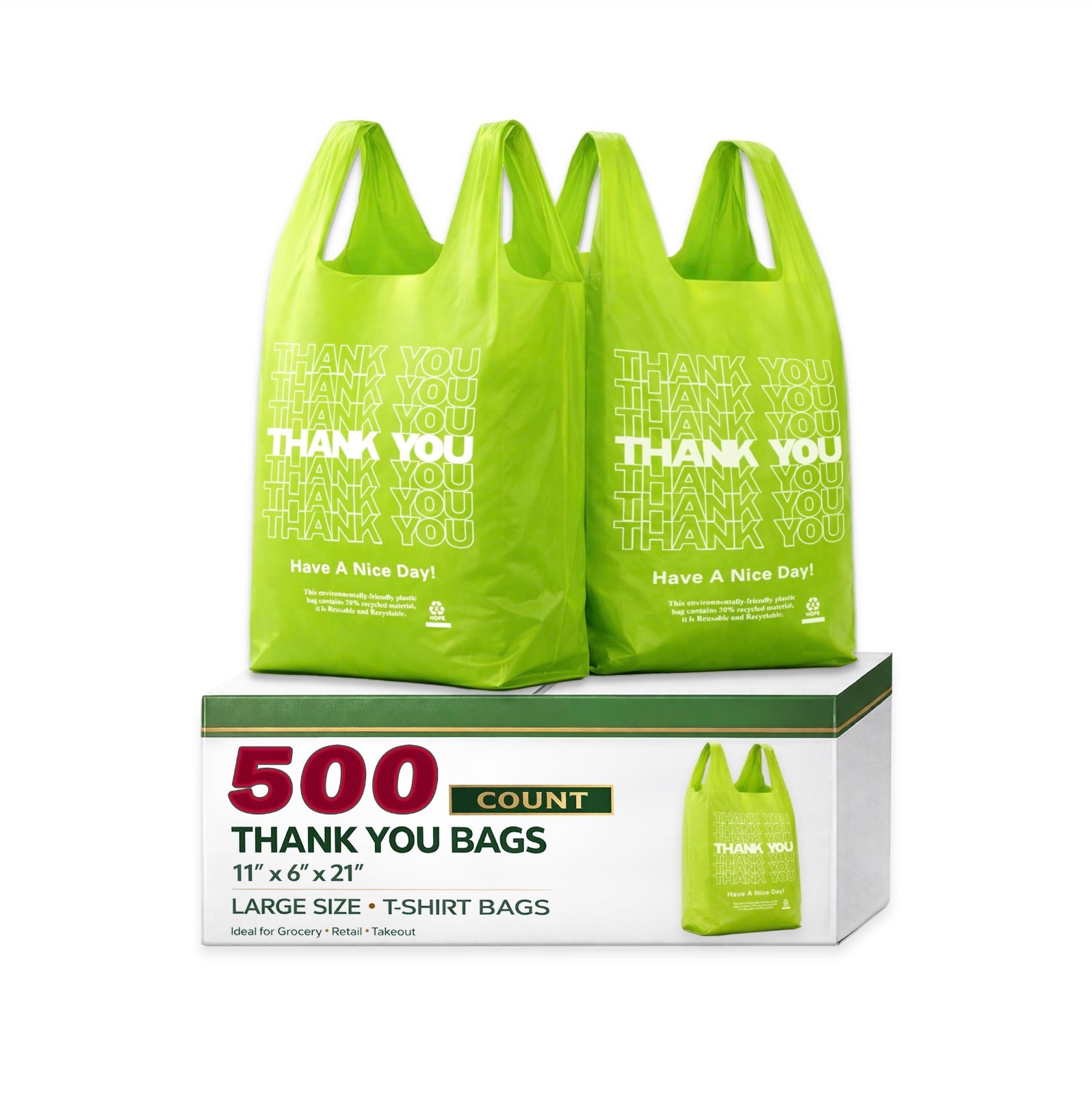 500 Count Green Plastic T-Shirt Bags 11″x6″x21″ – Grocery & Take-Out Shopping Ba