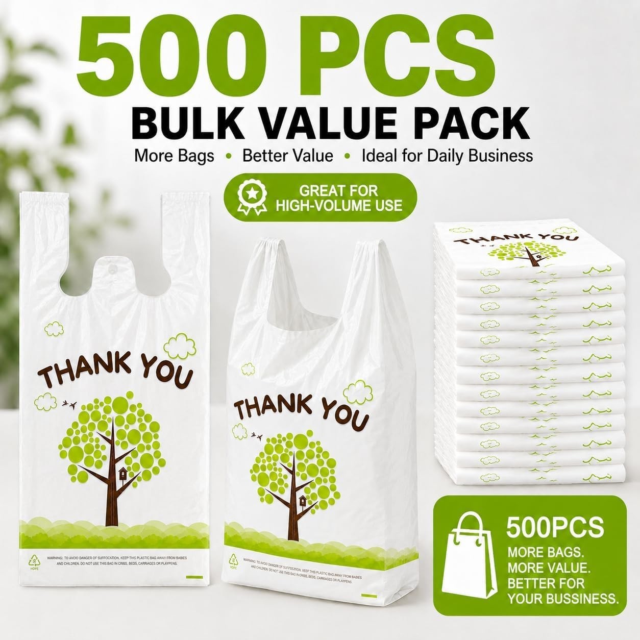500 Count Plastic T-Shirt Bags, 11″ X 6″ X 21″, White-Green Tree, Grocery & Take