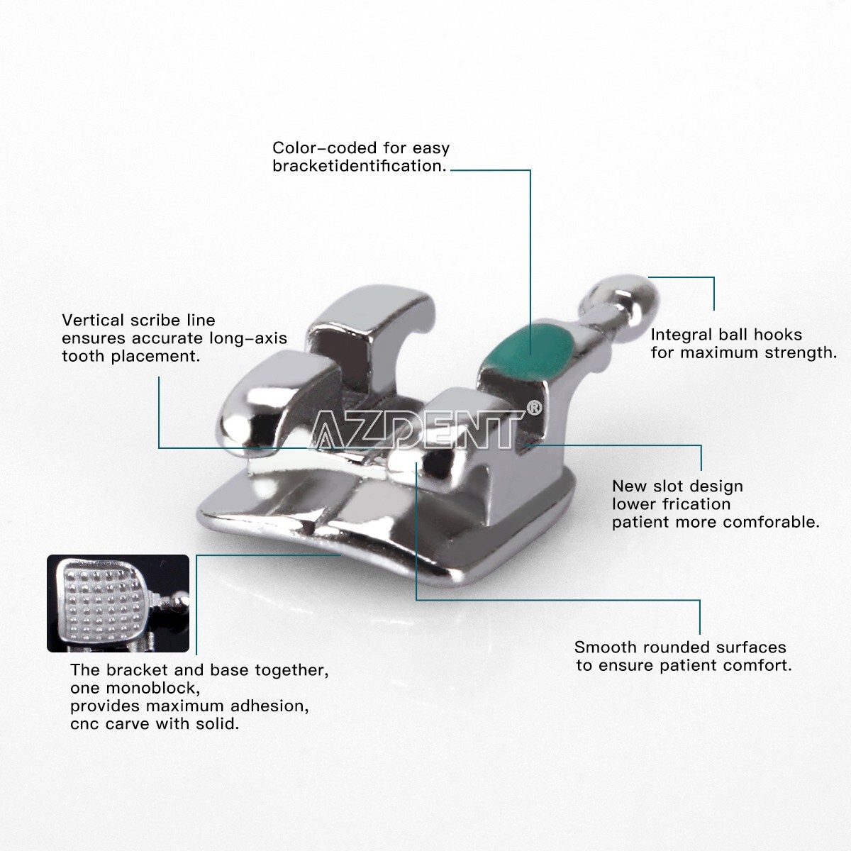 AZDENT Dental Orthodontic Bracket metal Braces Mini Roth .018 3-4-5 Hooks 20Pcs