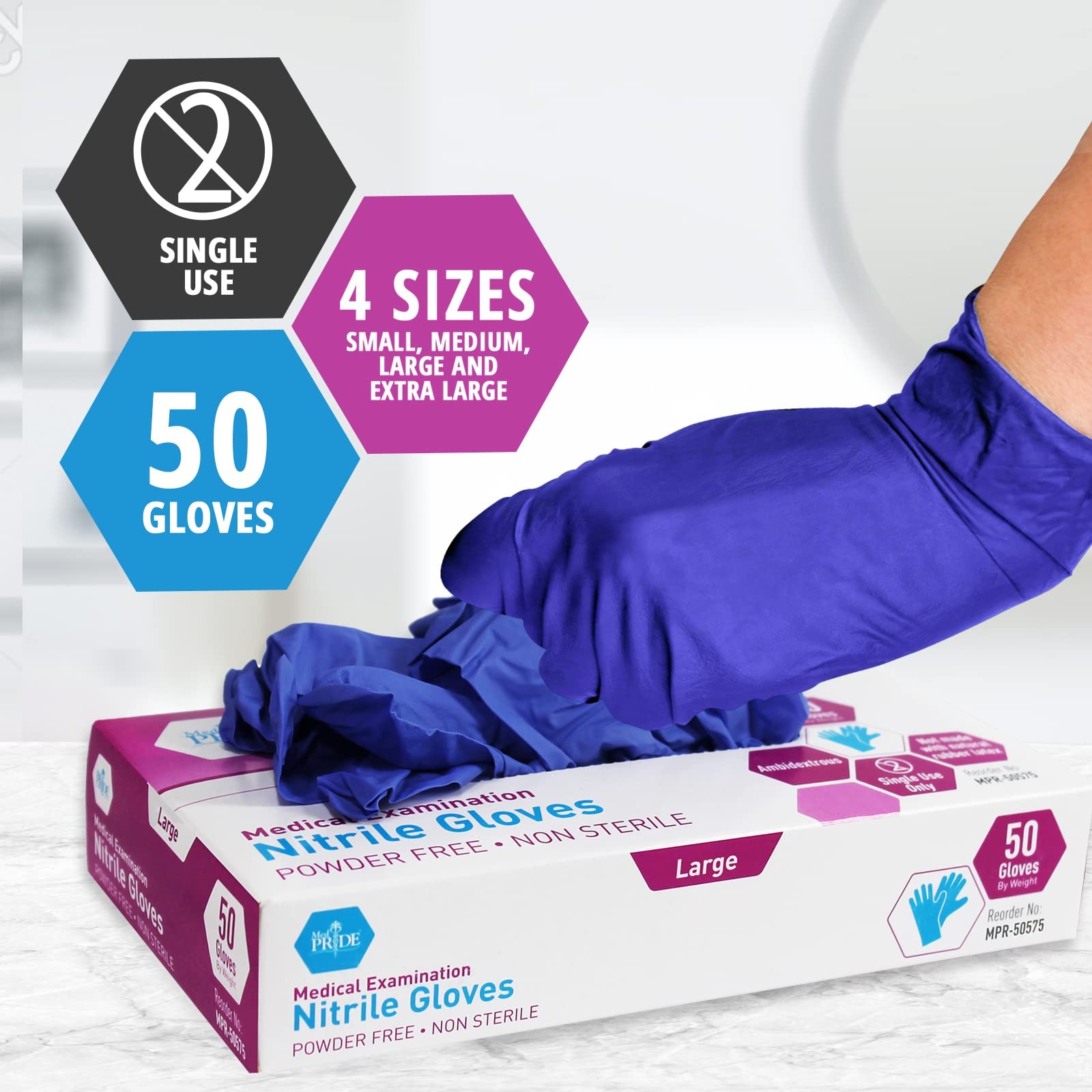 MED PRIDE Nitrile Medical Exam Gloves Large [Box of (Pack 50), Blue