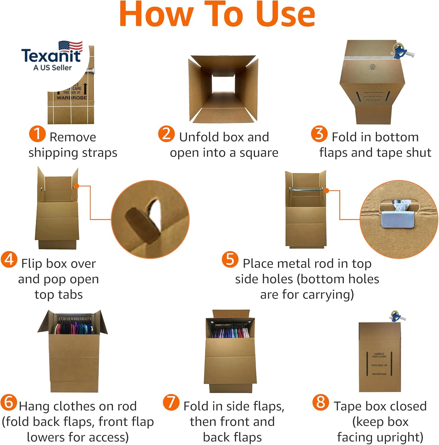 Sturdy Wardrobe Moving Boxes with Hanger Bar for Packing Clothes, Easy to Assemb