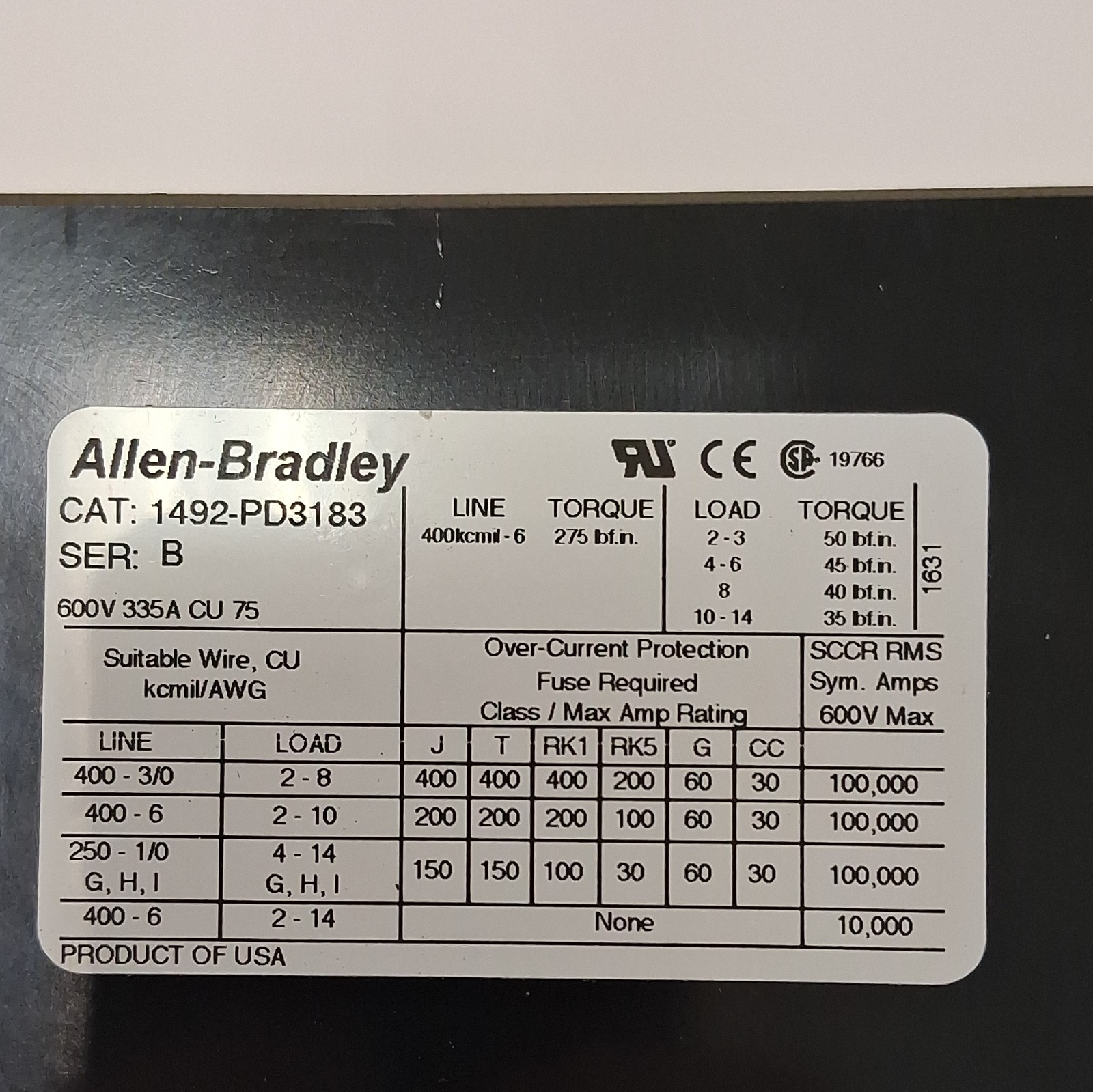 Allen-Bradley 1492-PD3183 3-Pole 600V Power Terminal Block Screw-On Black