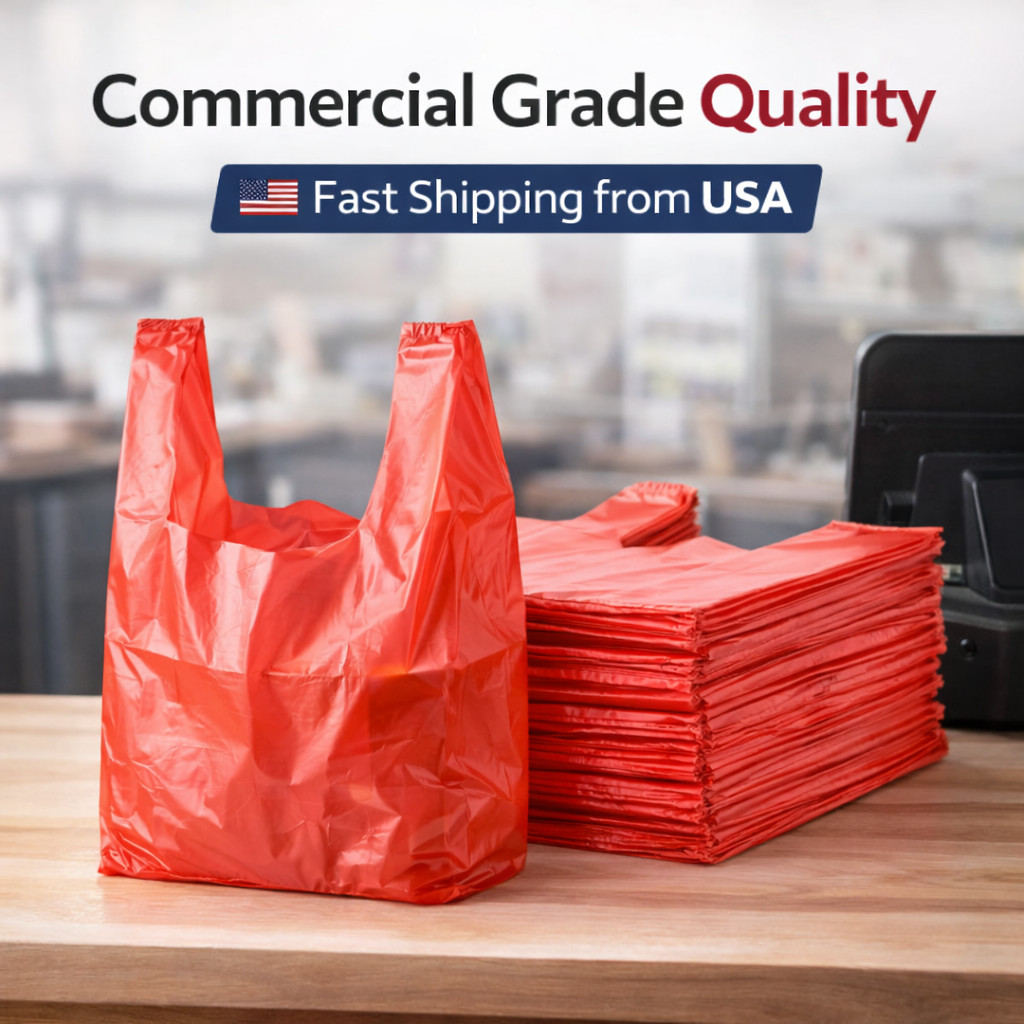 Bags 1/10 Small Red Unprinted 8 x 4 x 15 T-Shirt Plastic Grocery Shopping Bags