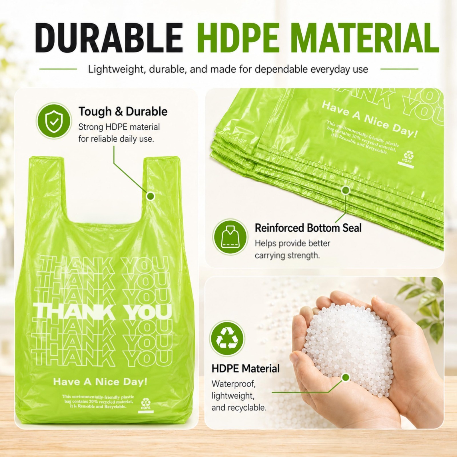 500 Count Green Plastic T-Shirt Bags 11″x6″x21″ – Grocery & Take-Out Shopping Ba