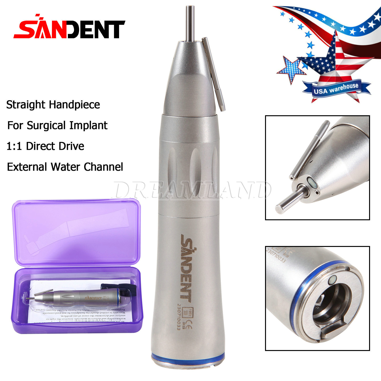 Dental 1:1 Fiber Optic Surgical Straight Nose Cone Low Speed Handpiece USA