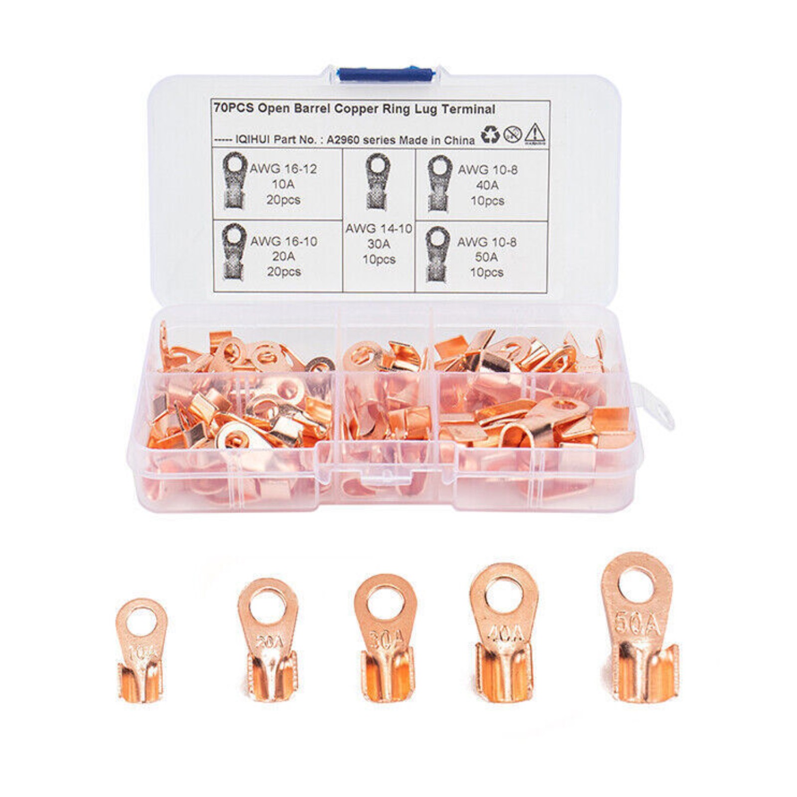70PCS 5Types Car Open Wire Connector Copper Ring Lug Terminal Kit with Box