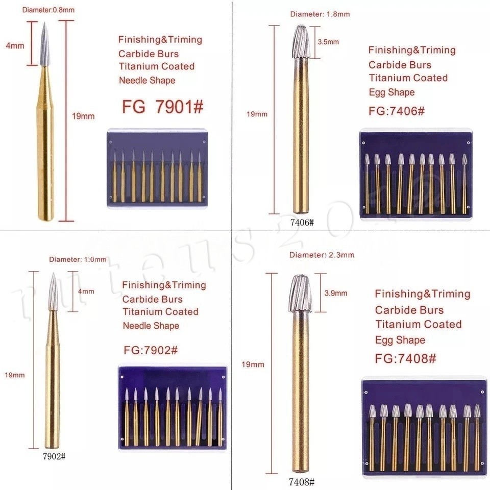 10*Tungsten Carbide Gold Burs Trimming Finishing FG7901 /7902/ 7406 /7408 Dental