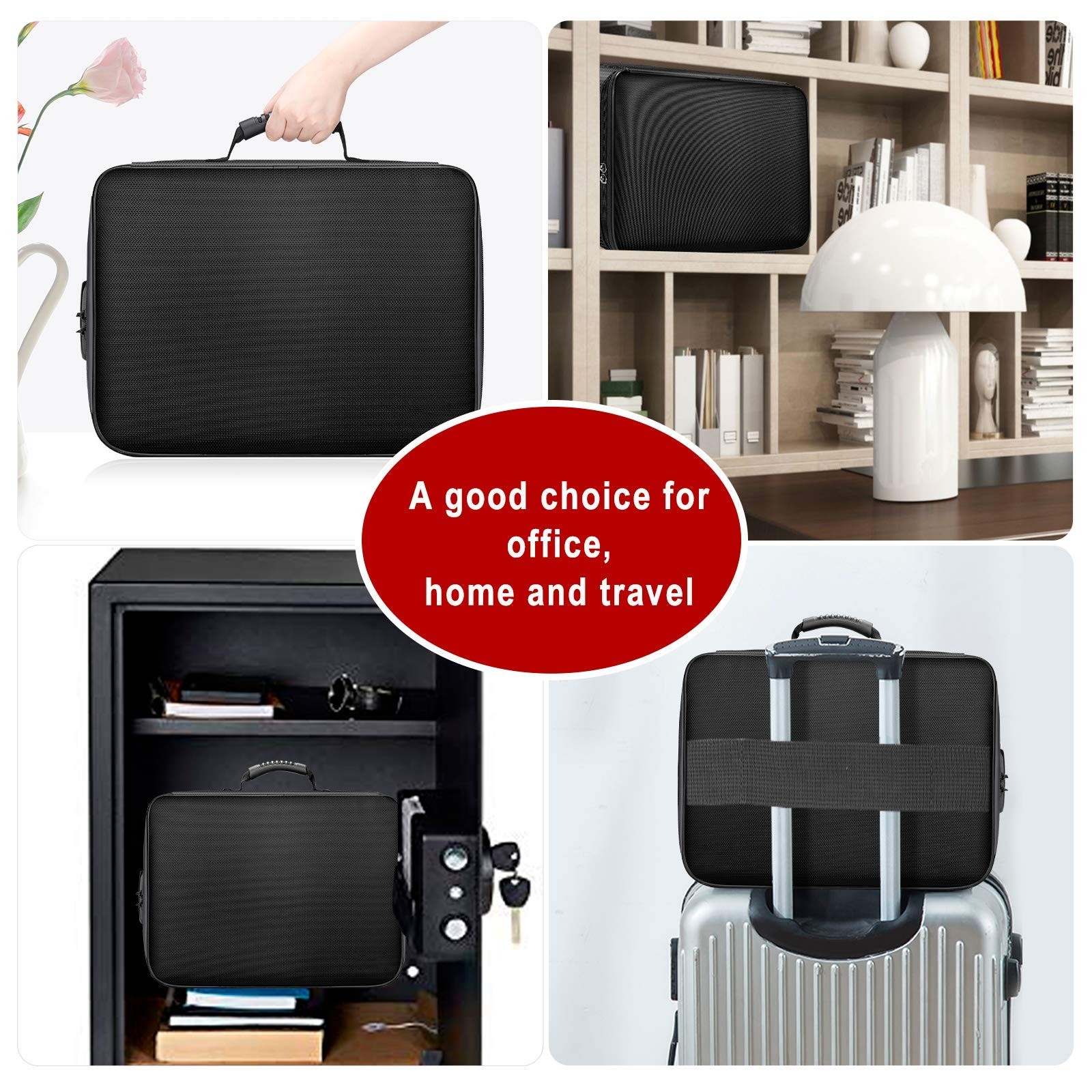 Black Fireproof Document Bag With Lock 3Layer Waterproof File Storage Case
